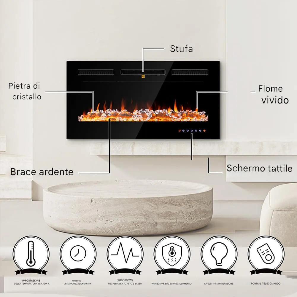 BAKAJI Camino Elettrico da Incasso Livigno 91 cm, Elettrocamino 3D con 12 Colori LED e Riscaldamento Regolabile - immagine 5