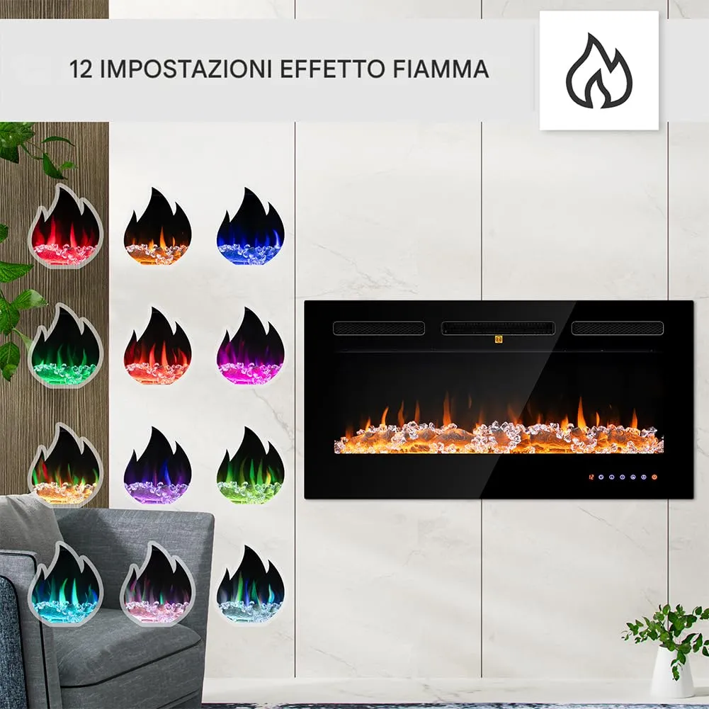 BAKAJI Camino Elettrico da Incasso Livigno 91 cm, Elettrocamino 3D con 12 Colori LED e Riscaldamento Regolabile - immagine 7