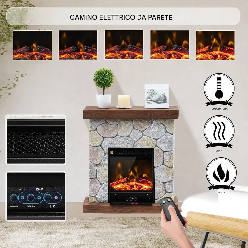 BAKAJI Camino Elettrico a Muro Cortina, 2000W, Cornice Effetto Pietra, Termostato Digitale - immagine 2