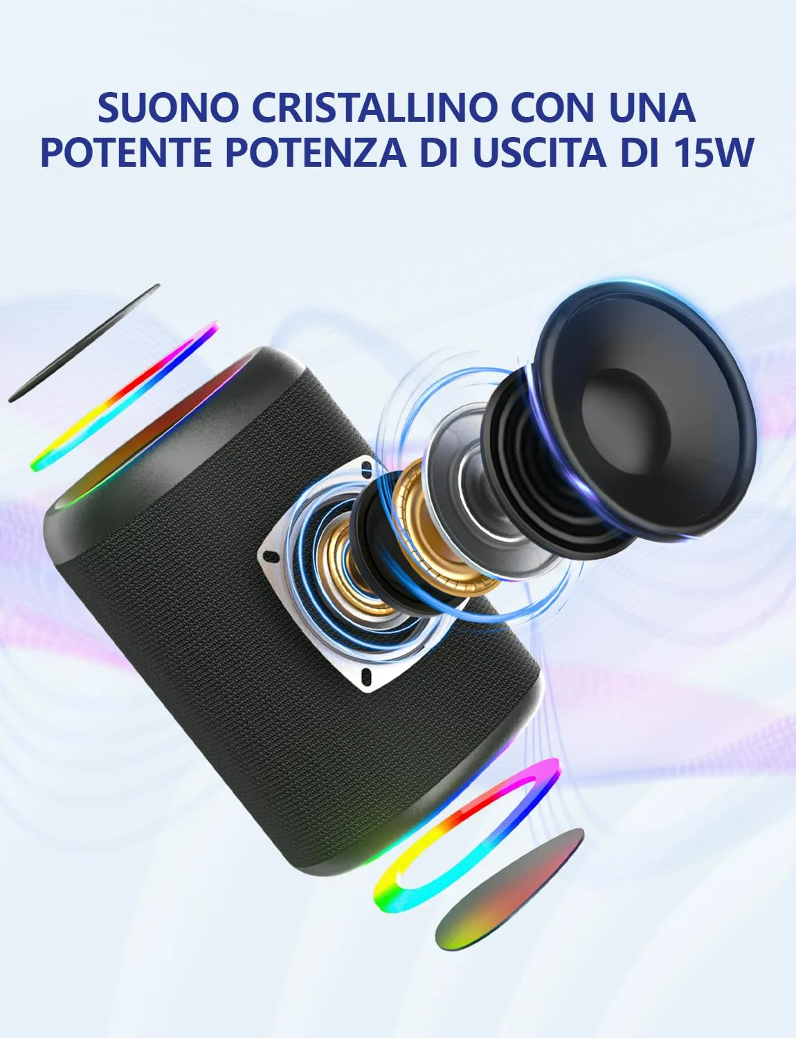 UOHHBOE Cassa Bluetooth Portatile 15W IPX5 con Luci RGB - immagine 5