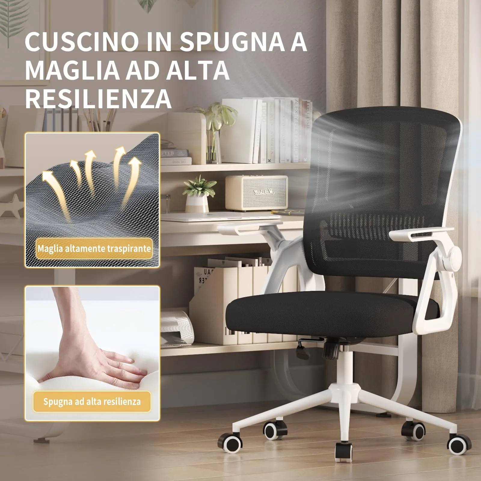 naspaluro Sedia da Ufficio Ergonomica con Supporto Lombare, Bianco - immagine 3