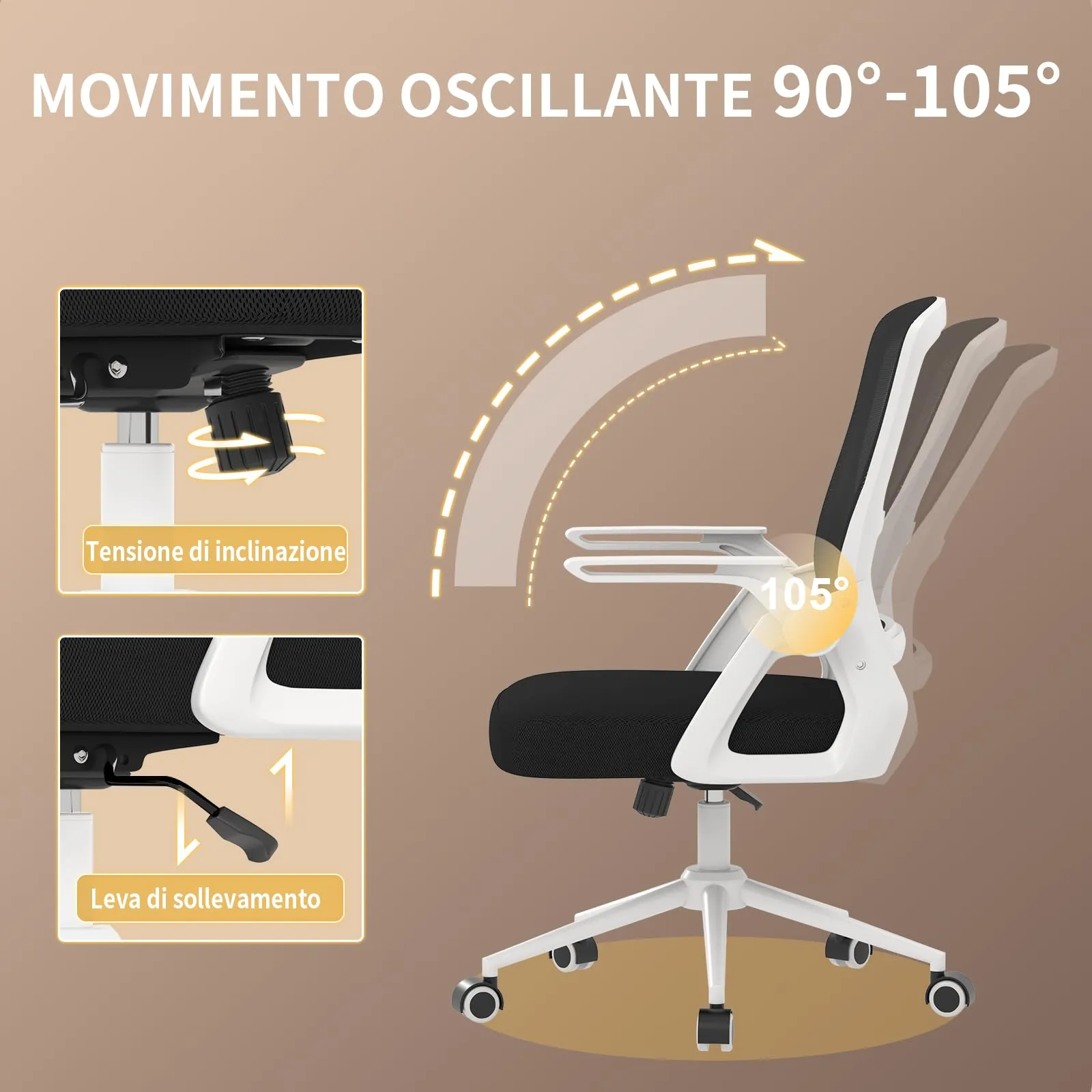 naspaluro Sedia da Ufficio Ergonomica con Supporto Lombare, Bianco - immagine 6