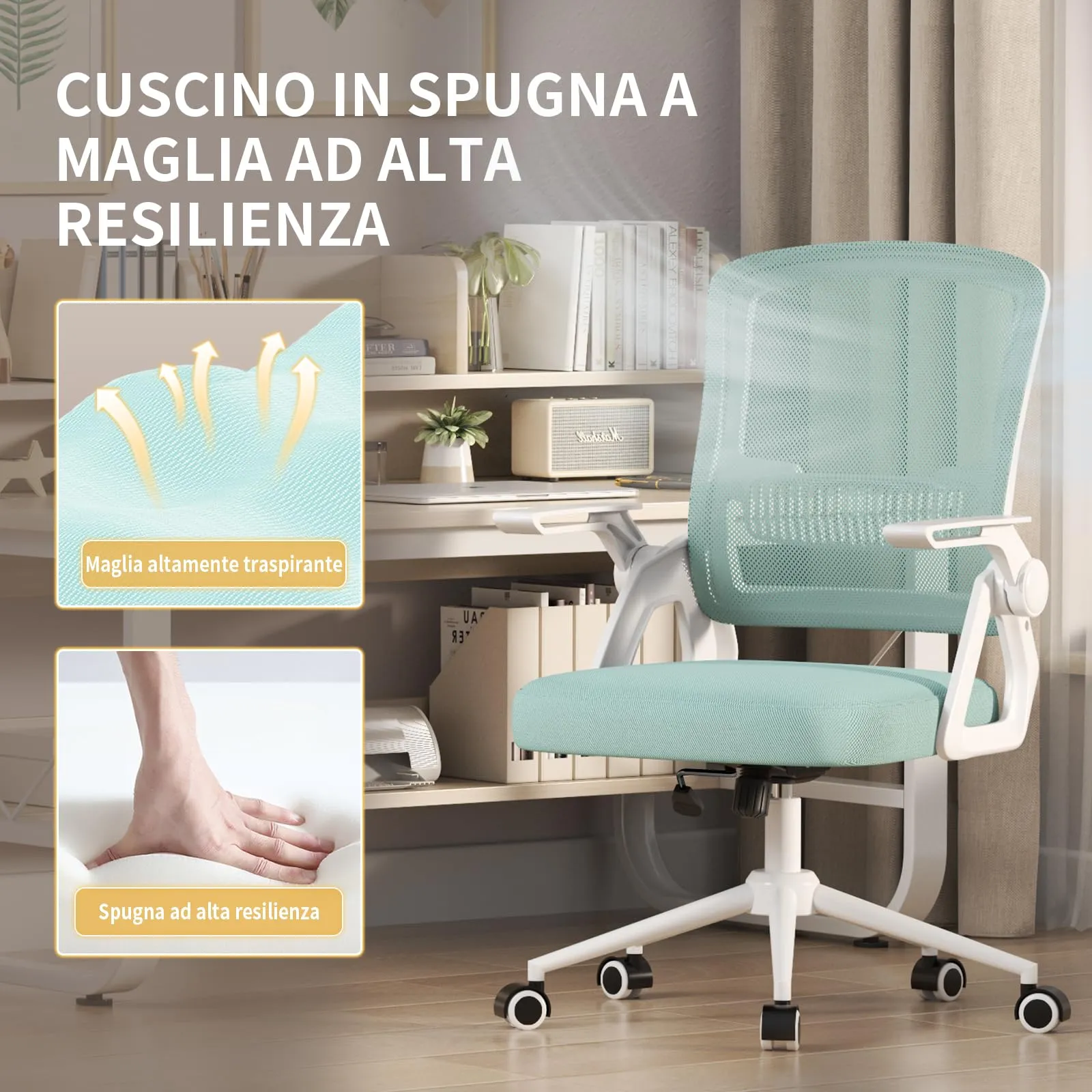naspaluro Sedia da Ufficio Ergonomica con Supporto Lombare, Verde, B801 - immagine 3