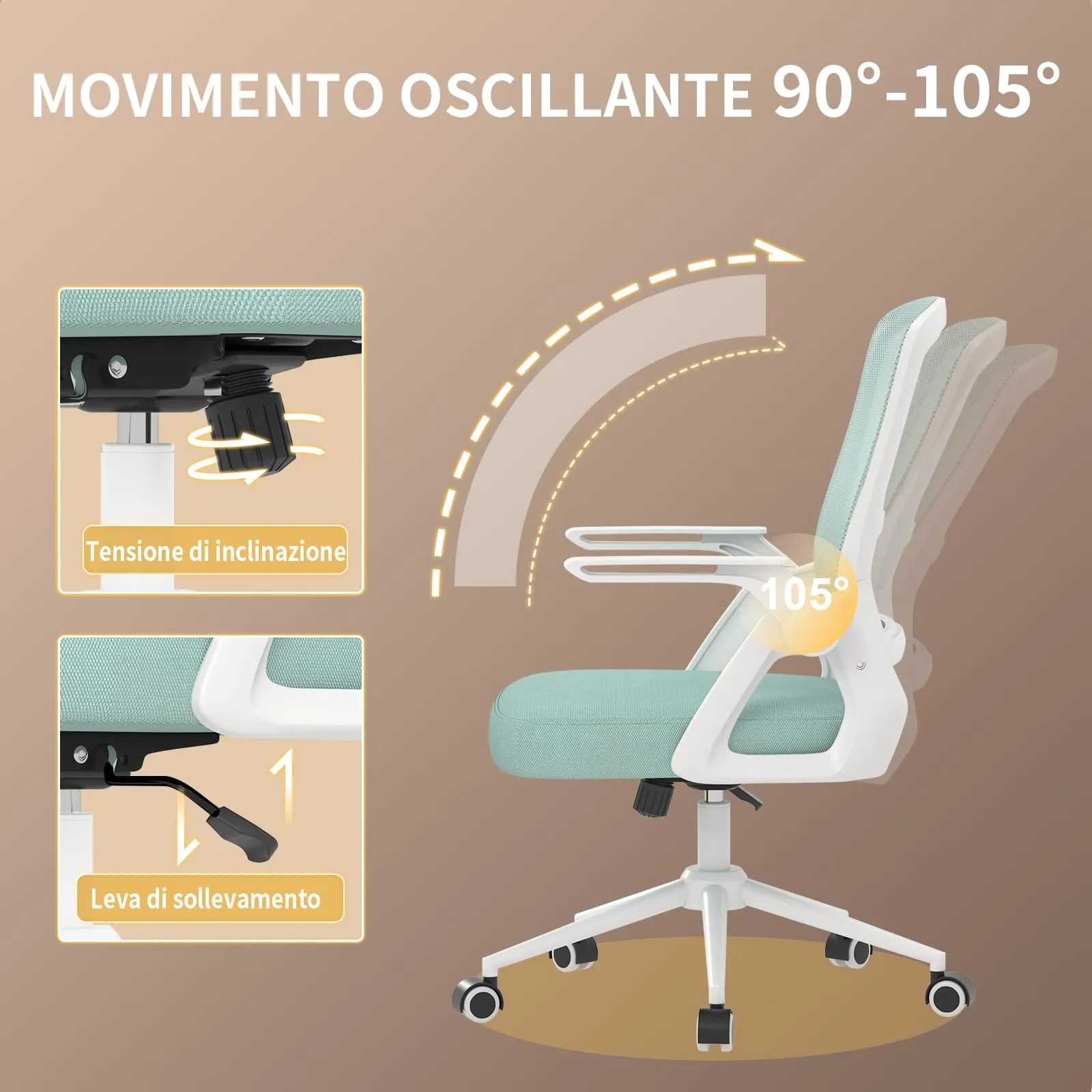 naspaluro Sedia da Ufficio Ergonomica con Supporto Lombare, Verde, B801 - immagine 5
