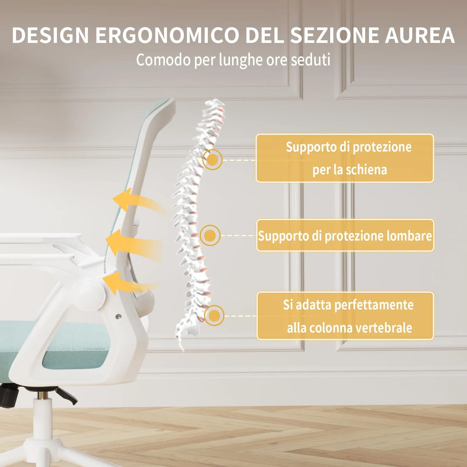 naspaluro Sedia da Ufficio Ergonomica con Supporto Lombare, Verde, B801 - immagine 6