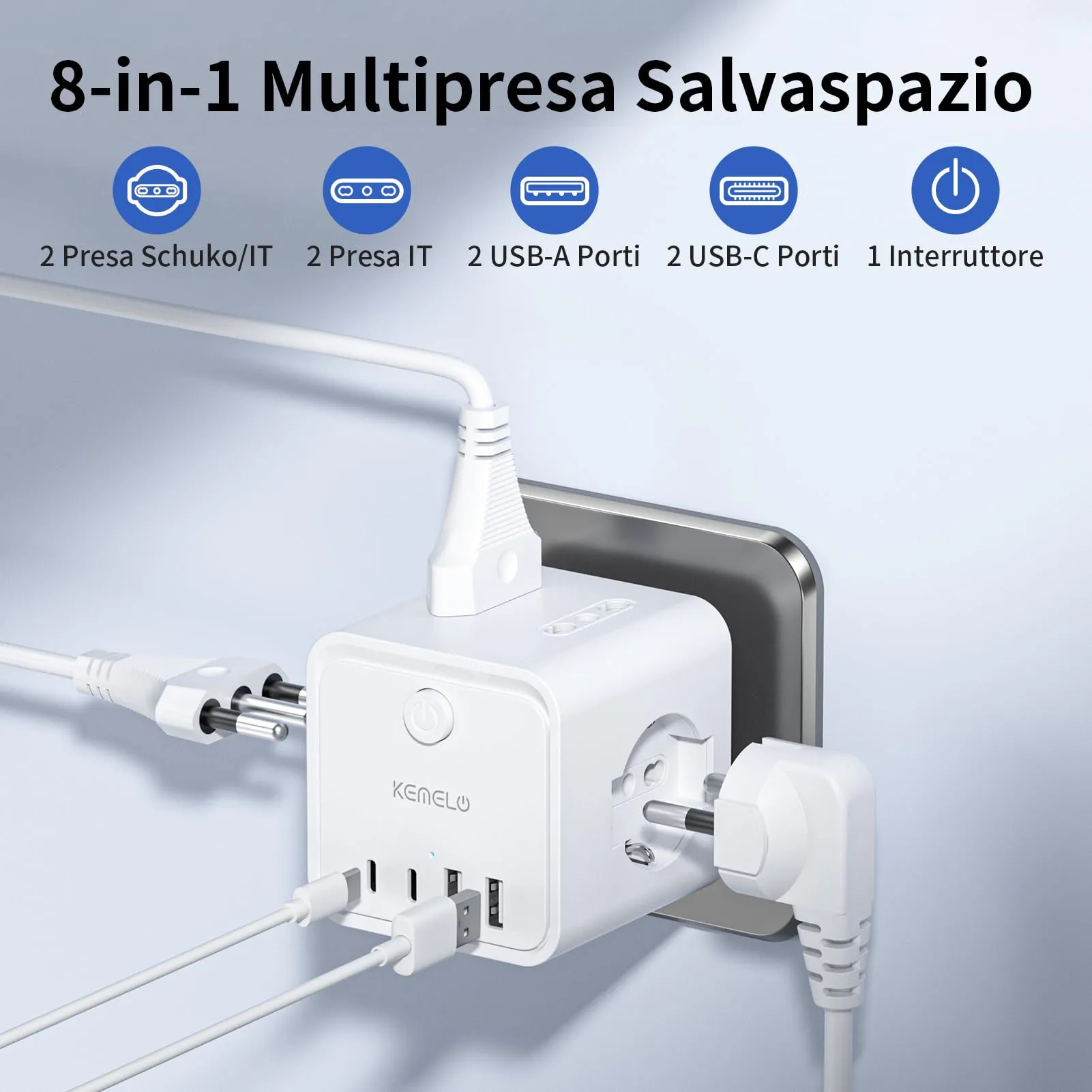 KEMELO Ciabatta Multipresa con 4 Prese Universali ITA/Schuko 16A, 2 USB-A e 2 USB-C, Spina Piatta Salvaspazio con Interruttore, Nero - immagine 2
