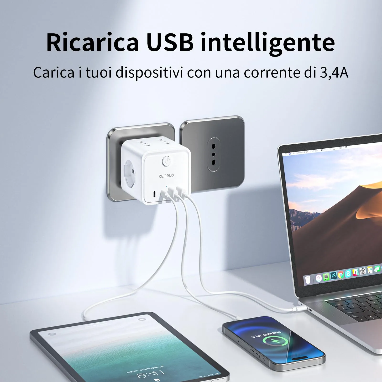 KEMELO Ciabatta Multipresa con 4 Prese Universali ITA/Schuko 16A, 2 USB-A e 2 USB-C, Spina Piatta Salvaspazio con Interruttore, Nero - immagine 3