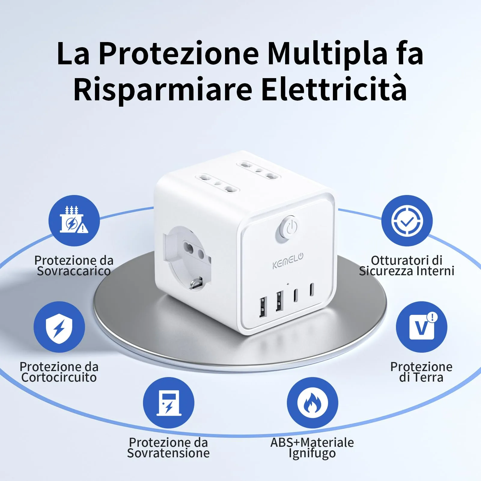 KEMELO Ciabatta Multipresa con 4 Prese Universali ITA/Schuko 16A, 2 USB-A e 2 USB-C, Spina Piatta Salvaspazio con Interruttore, Nero - immagine 4