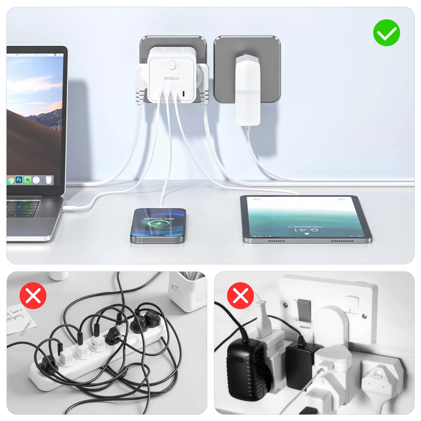 KEMELO Ciabatta Multipresa con 4 Prese Universali ITA/Schuko 16A, 2 USB-A e 2 USB-C, Spina Piatta Salvaspazio con Interruttore, Nero - immagine 5