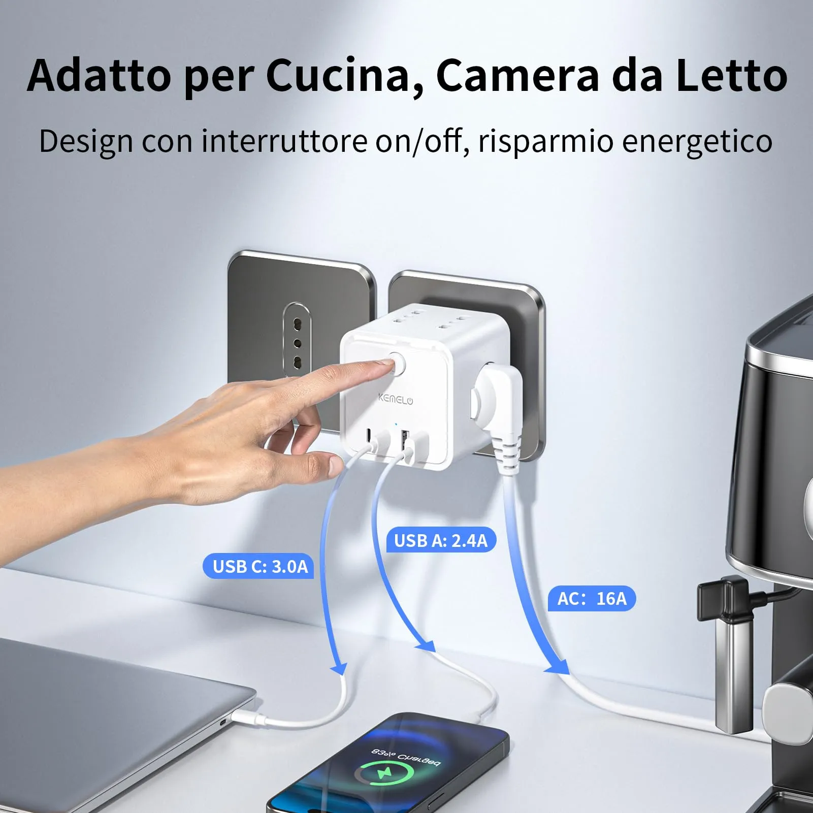 KEMELO Ciabatta Multipresa con 4 Prese Universali ITA/Schuko 16A, 2 USB-A e 2 USB-C, Spina Piatta Salvaspazio con Interruttore, Nero - immagine 7