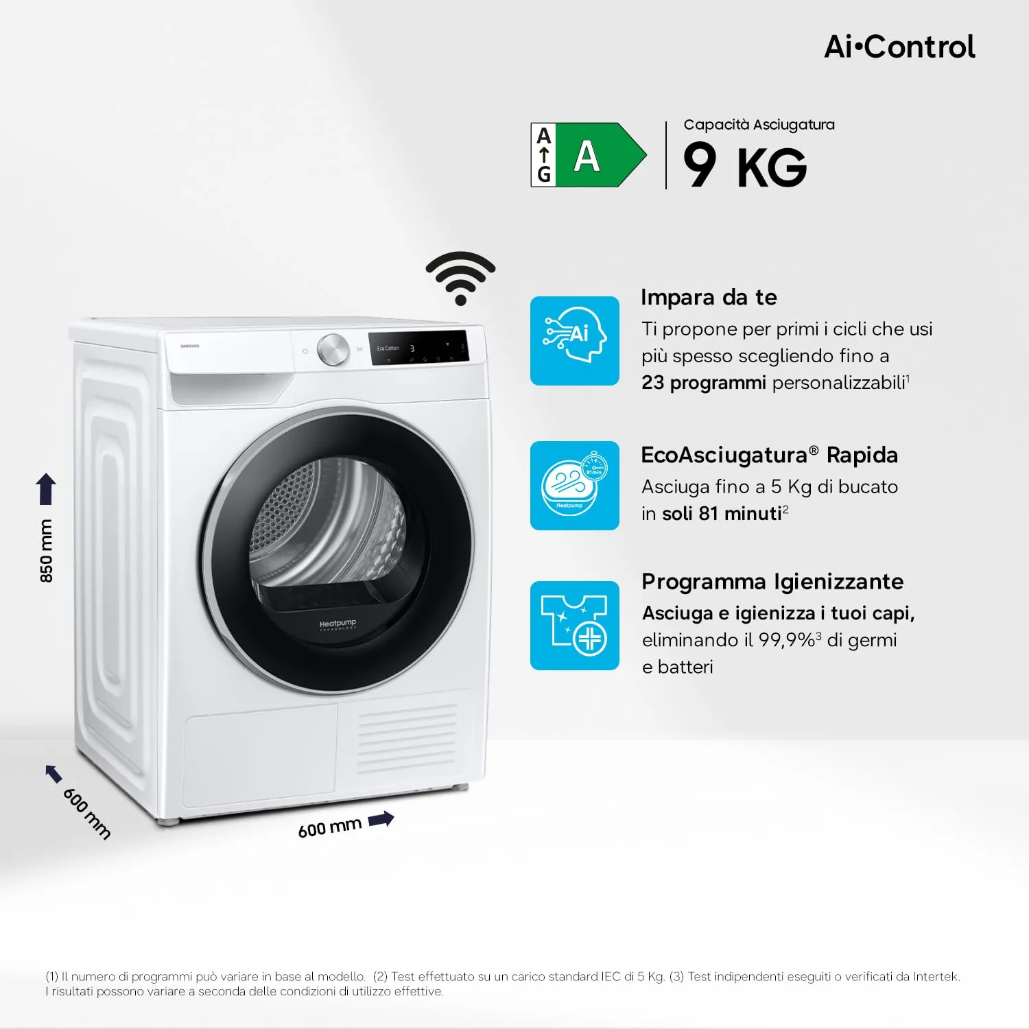 Samsung Asciugatrice AI Control DV90DG6845LE/U3, 9 kg, Pompa di Calore, Wifi, AI Dry+, Air Wash, Optimal Dry, 60x85x60 cm - immagine 2