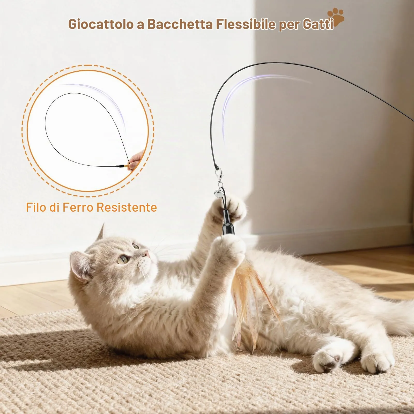Pawaboo Giocattolo per Gatto Bacchetta con Piuma e Campanella, 88 cm, Marrone - immagine 2