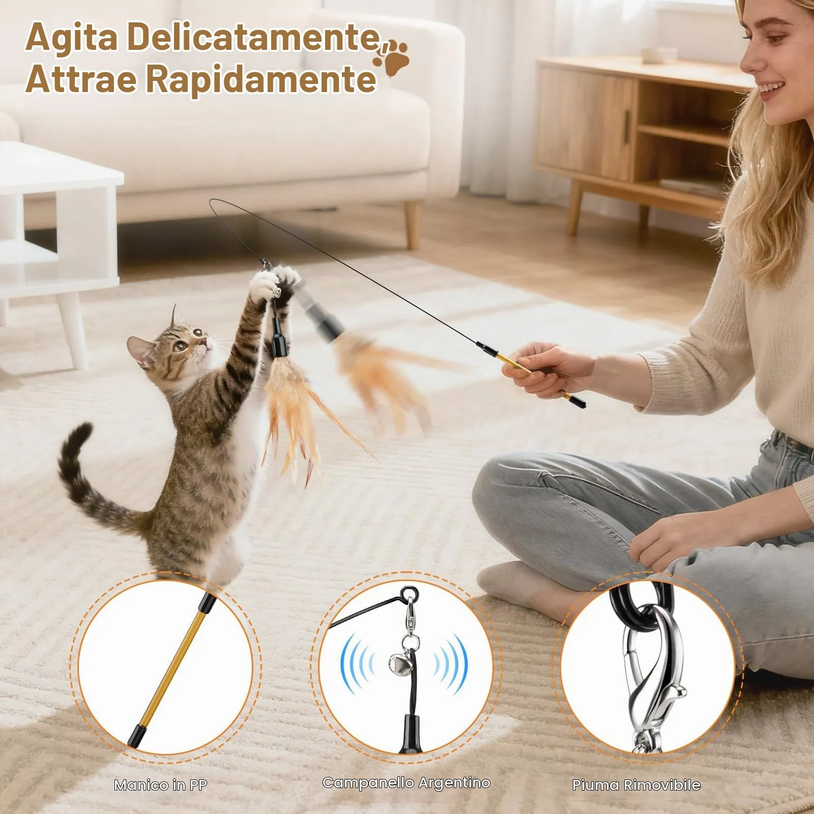 Pawaboo Giocattolo per Gatto Bacchetta con Piuma e Campanella, 88 cm, Marrone - immagine 3