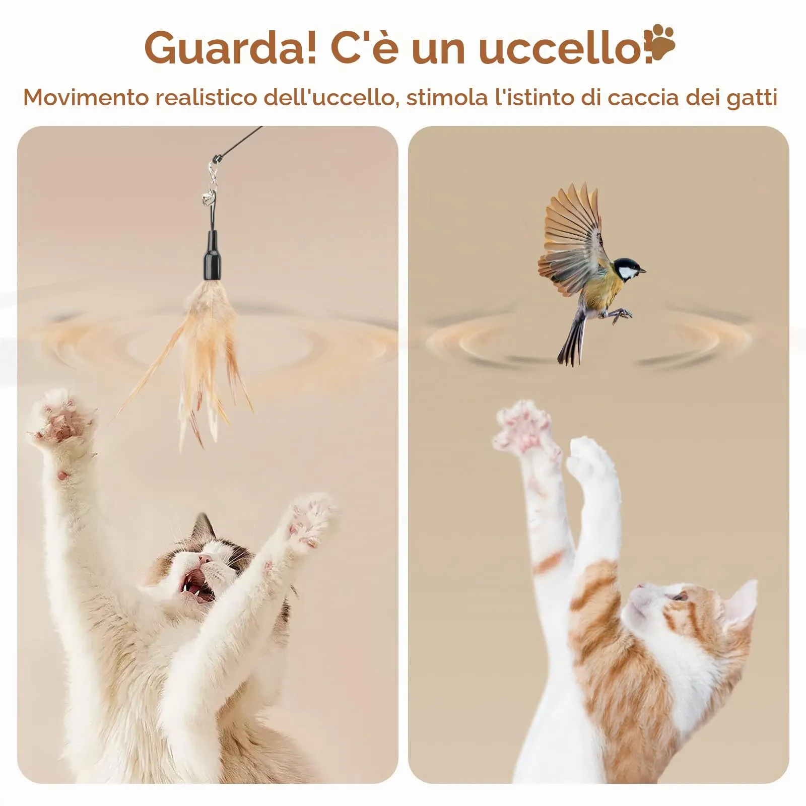 Pawaboo Giocattolo per Gatto Bacchetta con Piuma e Campanella, 88 cm, Marrone - immagine 4