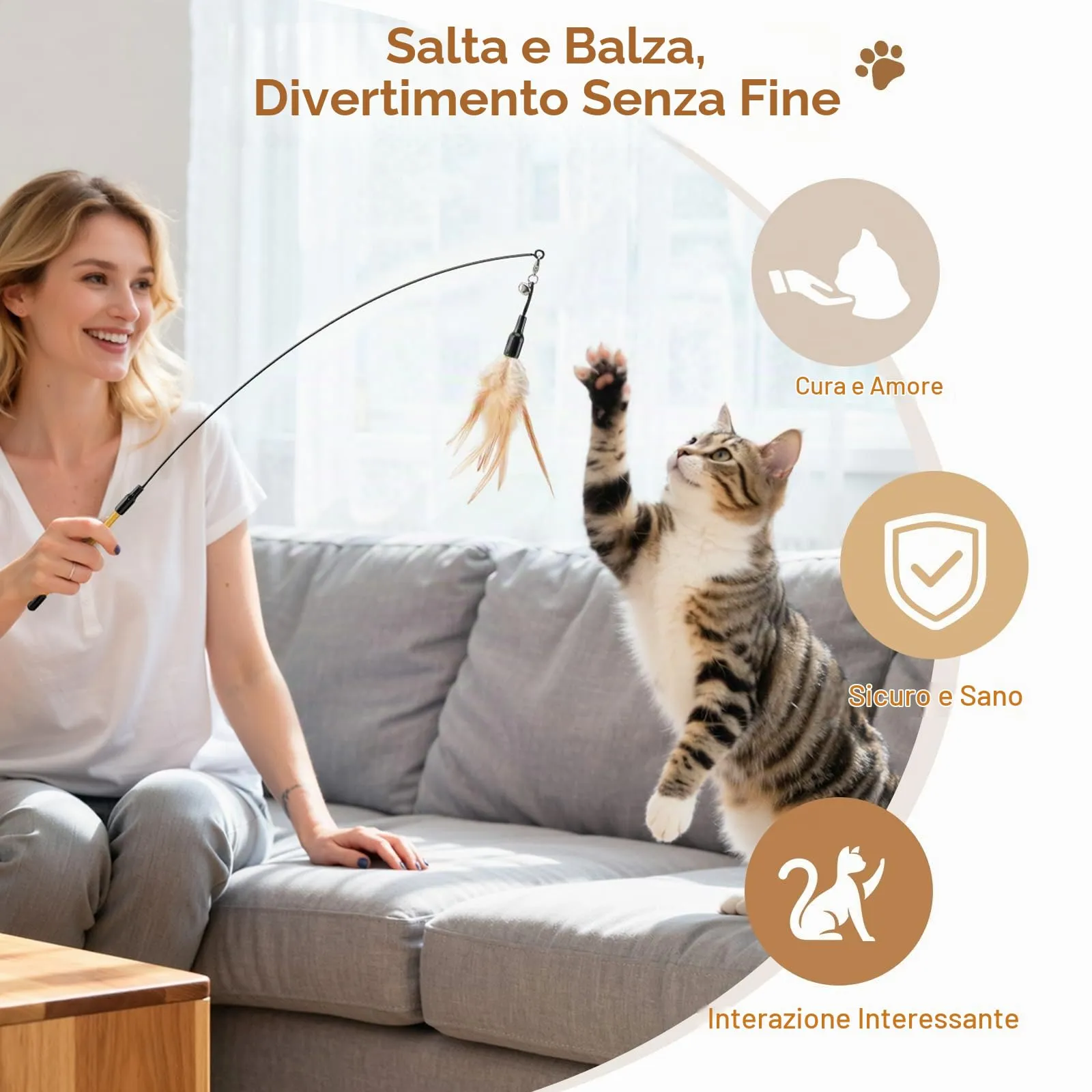 Pawaboo Giocattolo per Gatto Bacchetta con Piuma e Campanella, 88 cm, Marrone - immagine 5