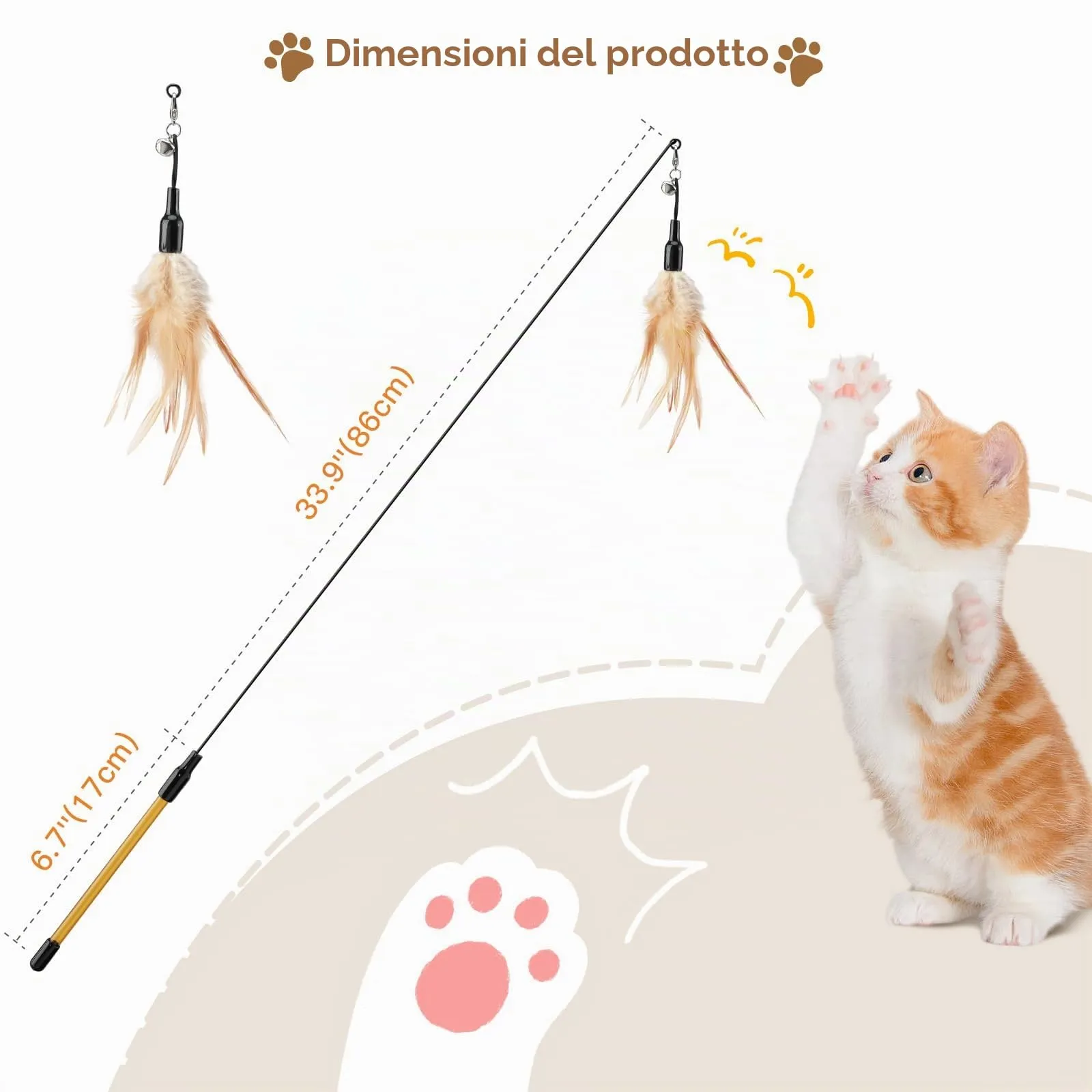 Pawaboo Giocattolo per Gatto Bacchetta con Piuma e Campanella, 88 cm, Marrone - immagine 7