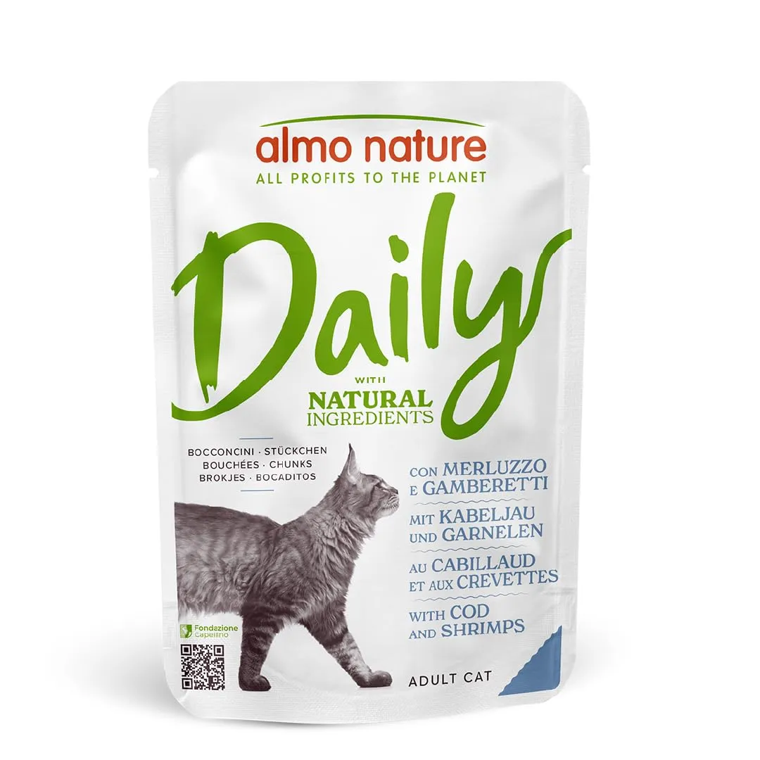 Almo Nature Daily Alimento Umido Completo per Gatti Adulti con Merluzzo e Gamberetti, Bocconcini, 2.1 kg (30 x 70 g) - immagine 1