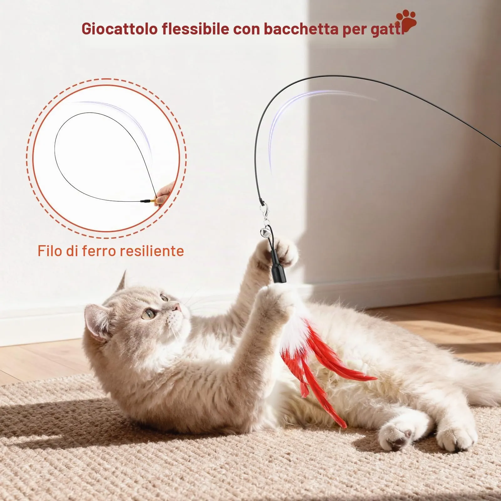 Pawaboo Giocattolo per Gatti, Bacchetta con Piuma e Campanella, 88 cm, Rosso e Bianco - immagine 2