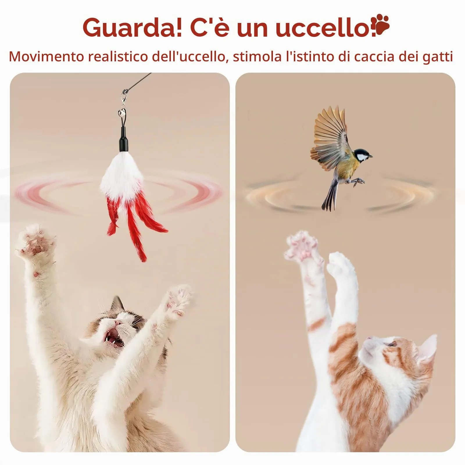 Pawaboo Giocattolo per Gatti, Bacchetta con Piuma e Campanella, 88 cm, Rosso e Bianco - immagine 4