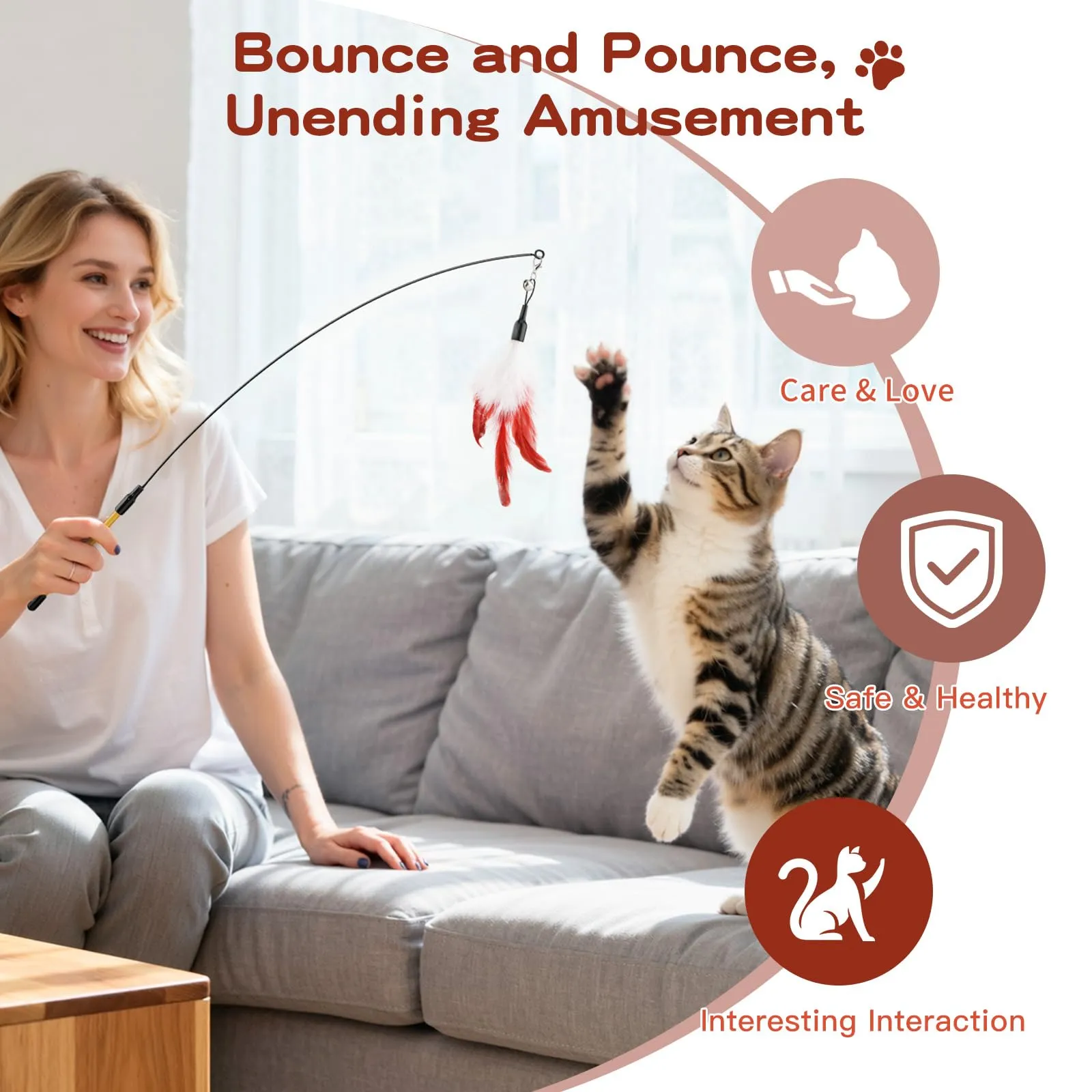 Pawaboo Giocattolo per Gatti, Bacchetta con Piuma e Campanella, 88 cm, Rosso e Bianco - immagine 5