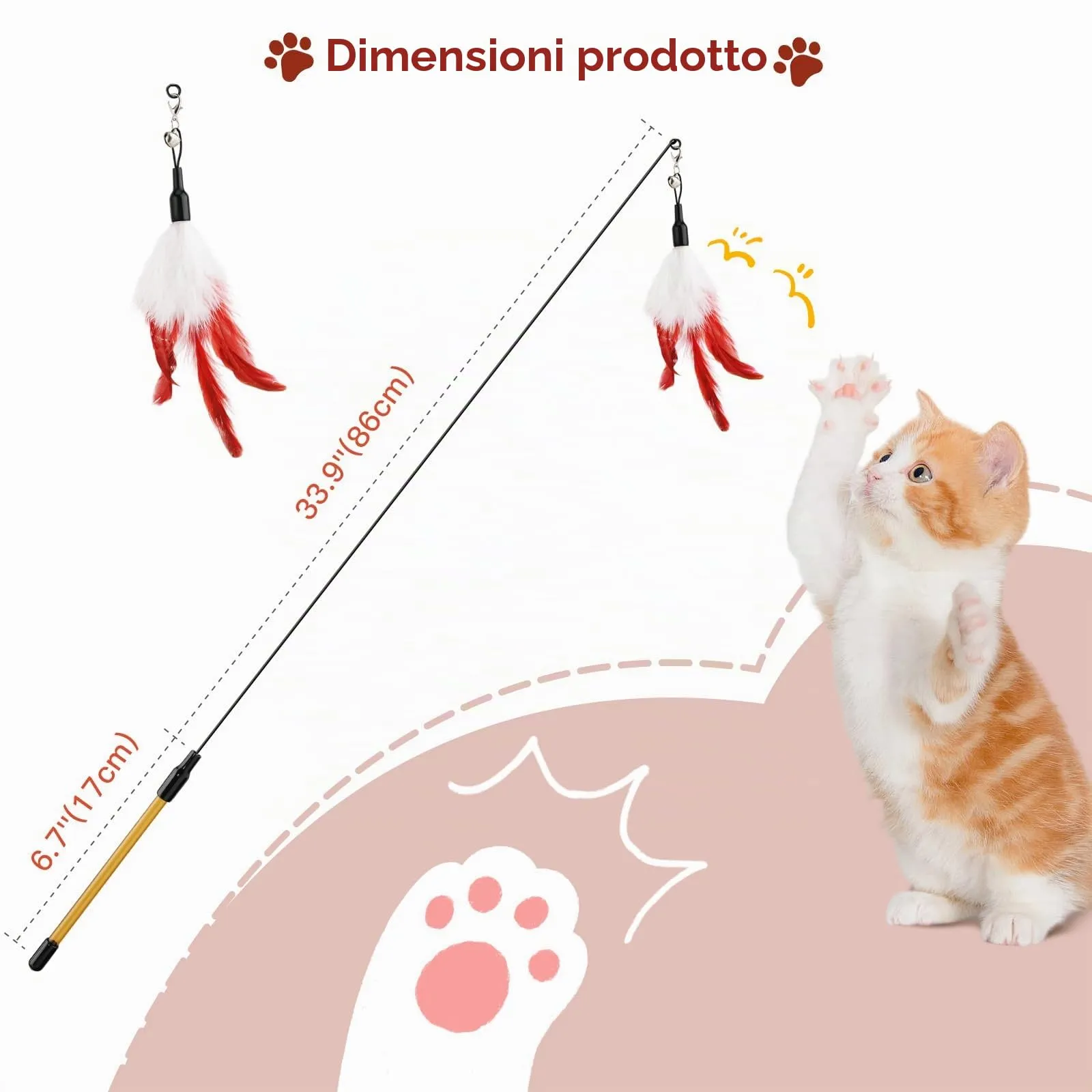 Pawaboo Giocattolo per Gatti, Bacchetta con Piuma e Campanella, 88 cm, Rosso e Bianco - immagine 7
