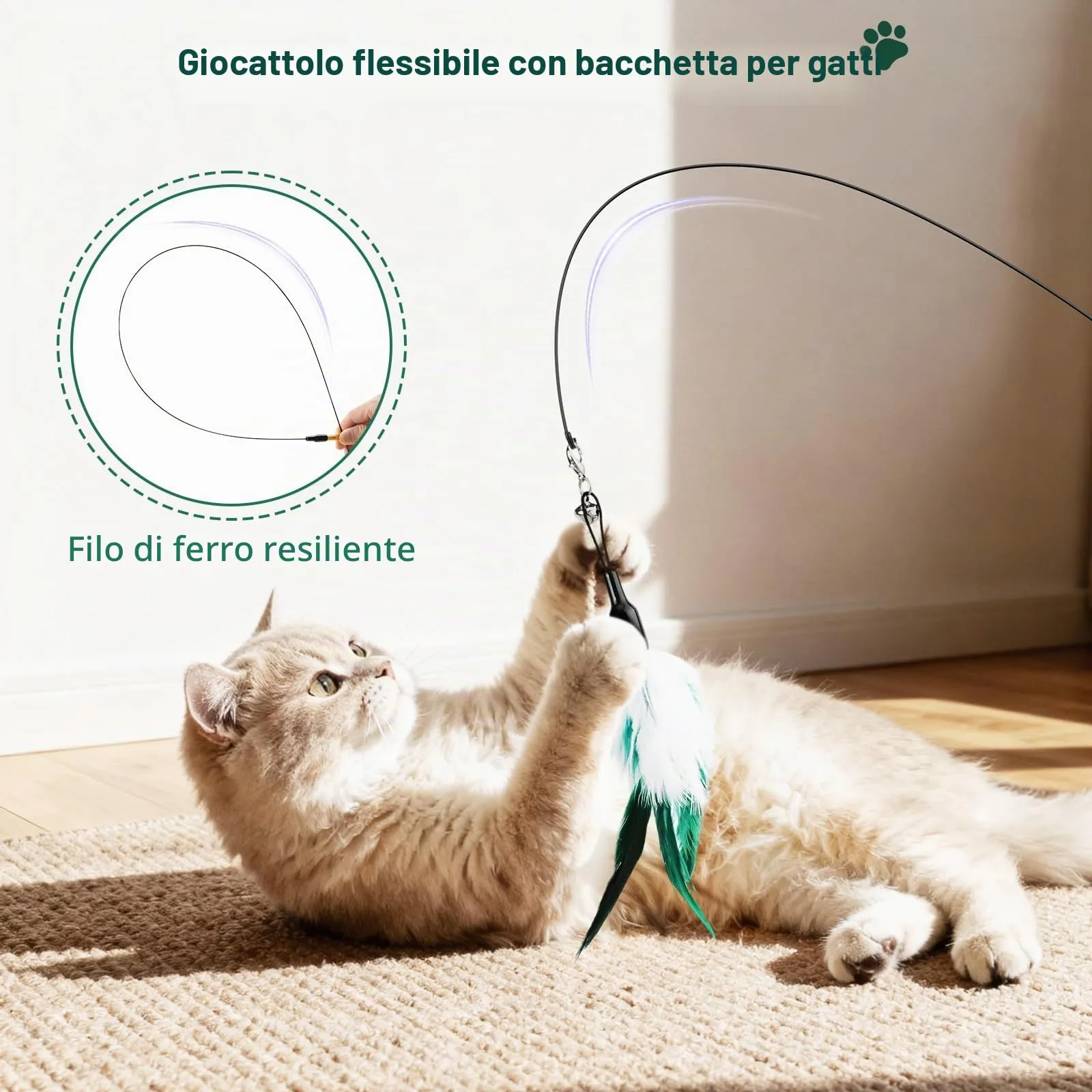 Pawaboo Giocattolo Bacchetta con Piuma e Campanella per Gatti, 88 cm, Bianco & Giallo - immagine 2