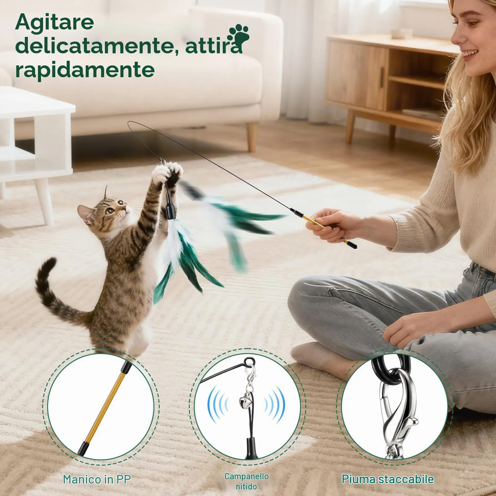 Pawaboo Giocattolo Bacchetta con Piuma e Campanella per Gatti, 88 cm, Bianco & Giallo - immagine 3