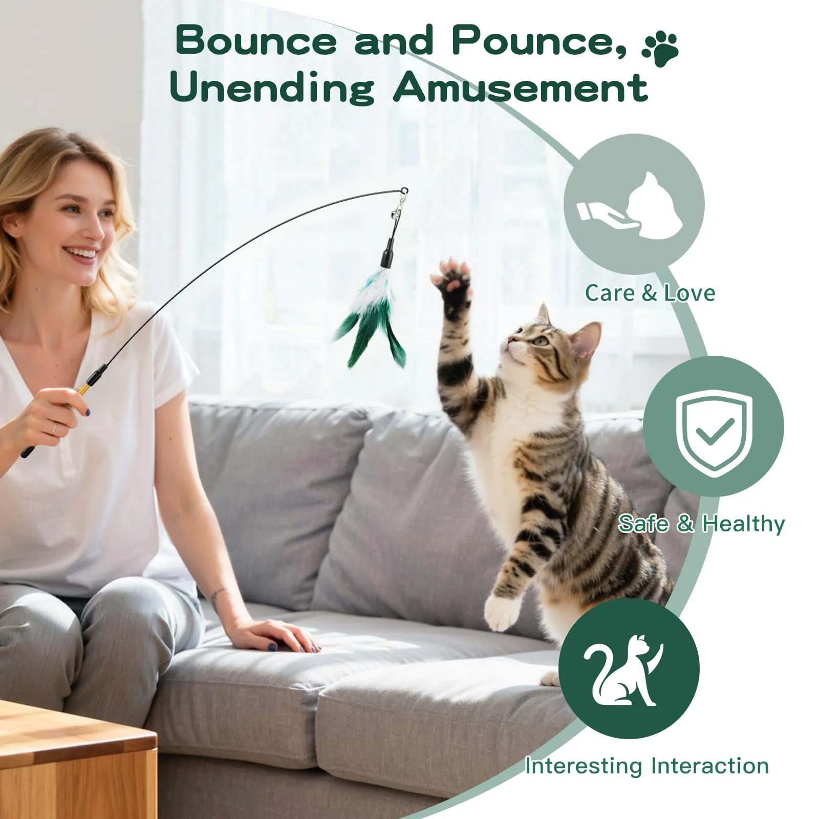Pawaboo Giocattolo Bacchetta con Piuma e Campanella per Gatti, 88 cm, Bianco & Giallo - immagine 5
