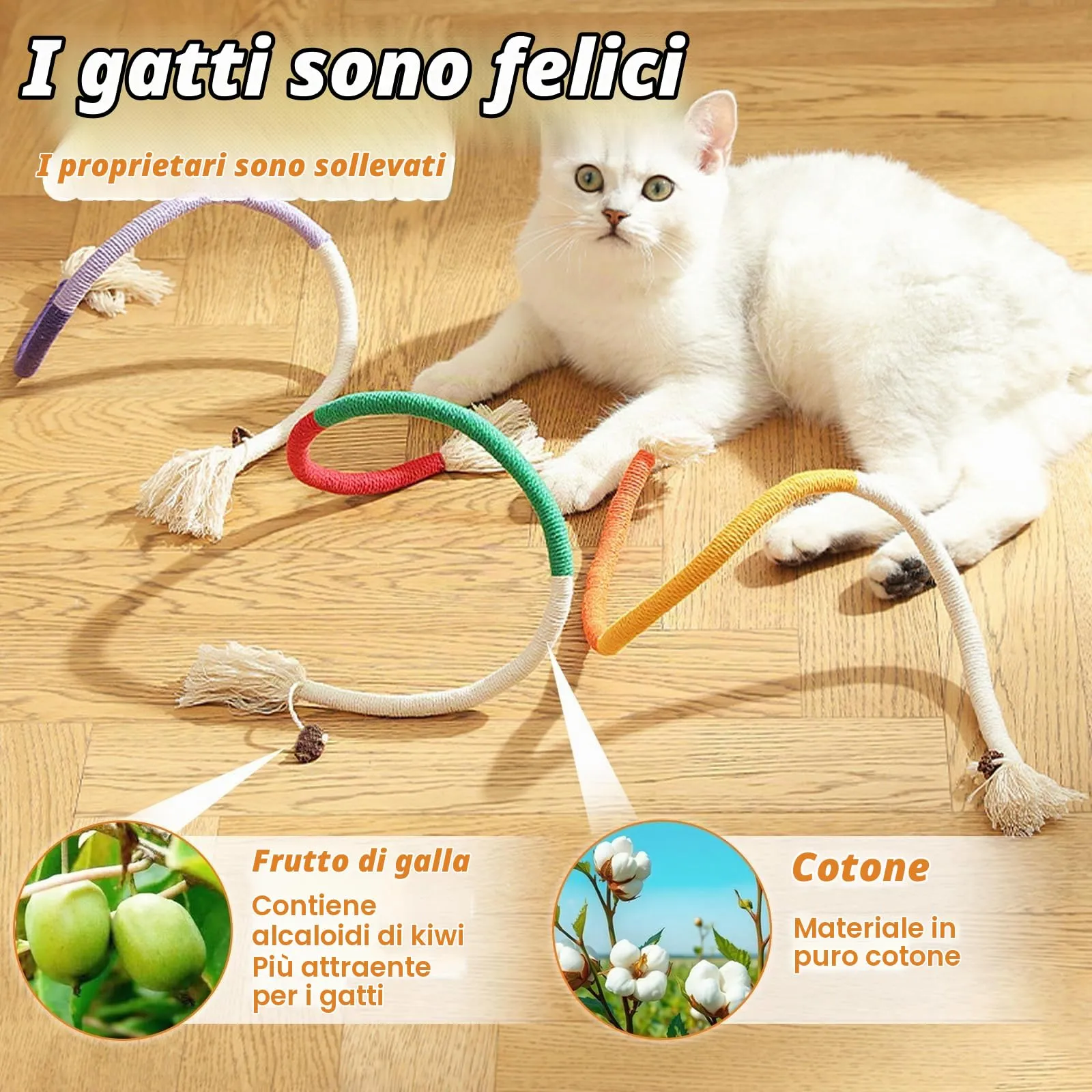 soodyoow Giochi per Gatti, 3 Corde da Mordere e 4 Bastoncini di Erba Gatta per Cura Dentale e Pulizia della Bocca - immagine 3