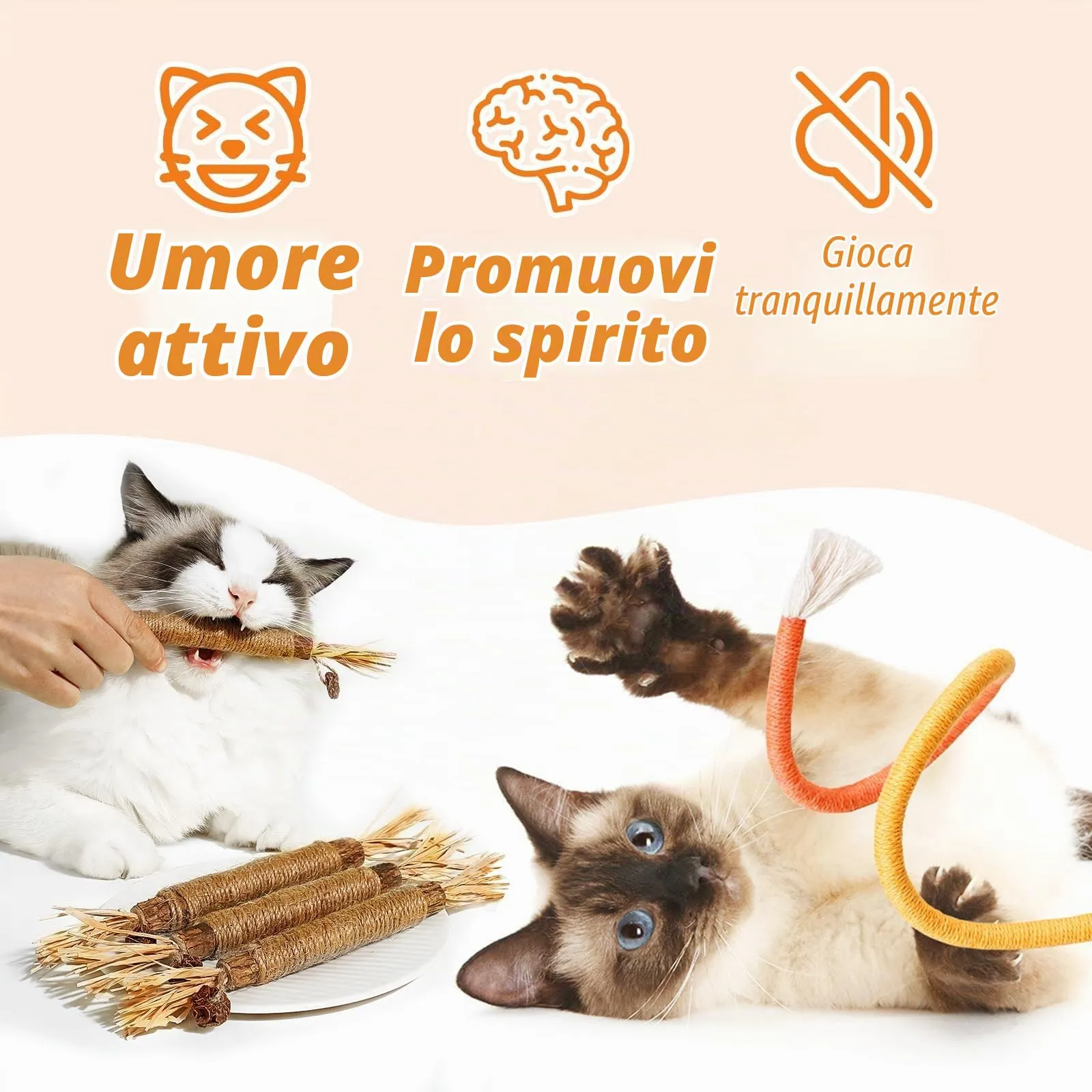 soodyoow Giochi per Gatti, 3 Corde da Mordere e 4 Bastoncini di Erba Gatta per Cura Dentale e Pulizia della Bocca - immagine 7