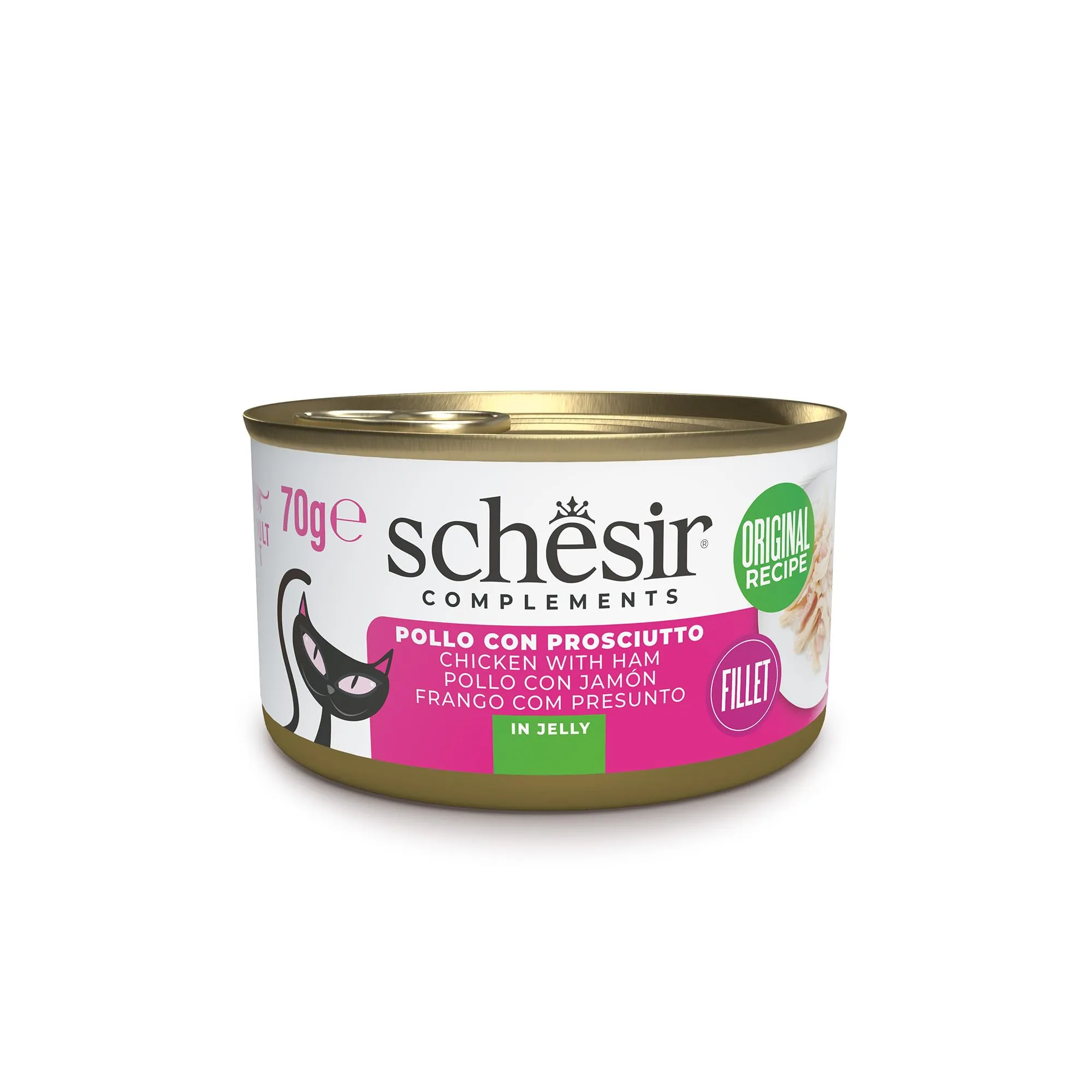 Schesir Filetti di Pollo con Prosciutto in Gelatina, Cibo Umido Complementare per Gatti, 12 x 70g - immagine 1