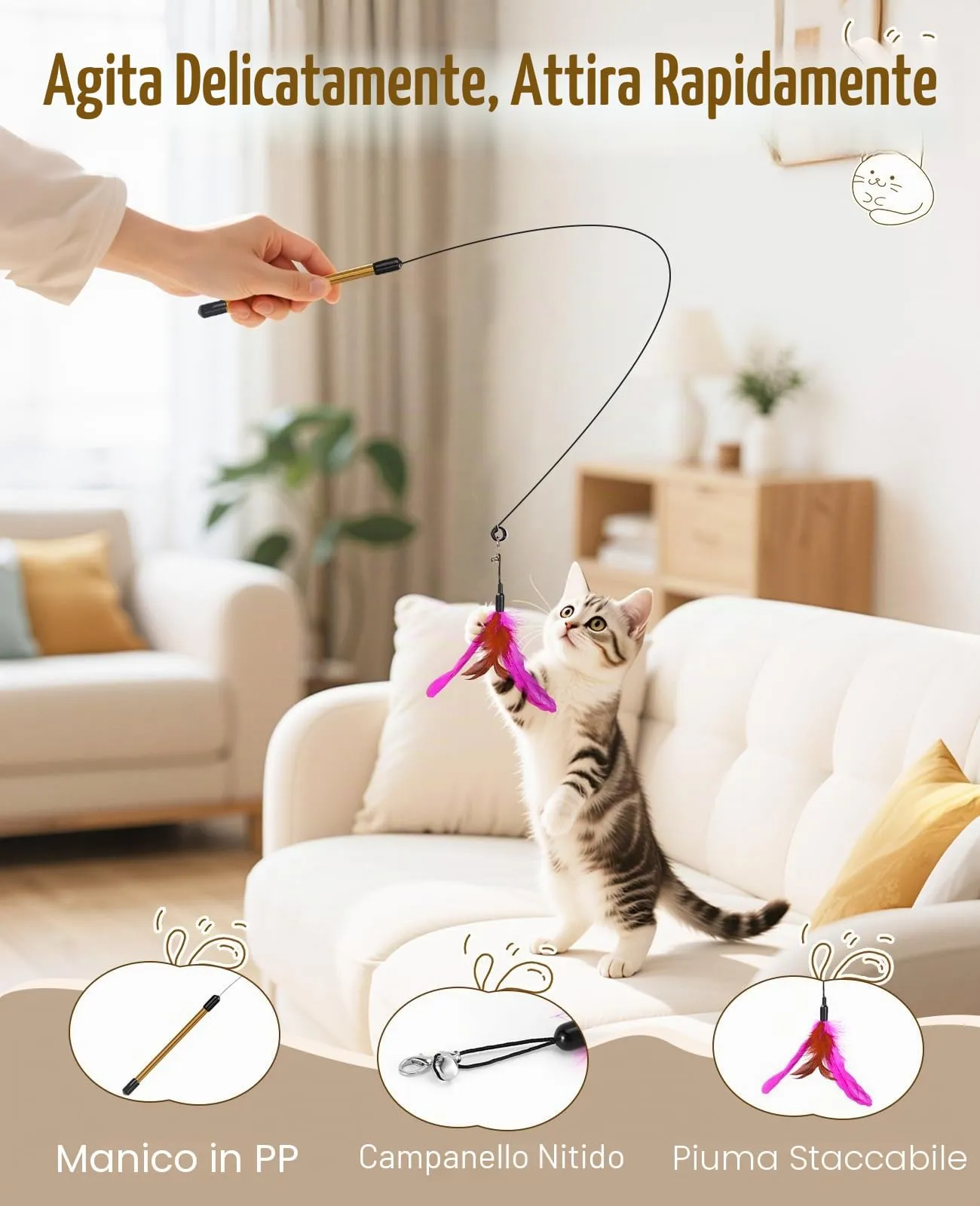 Pawaboo Bacchetta gioco con piume per gatti, confezione da 2 - immagine 3