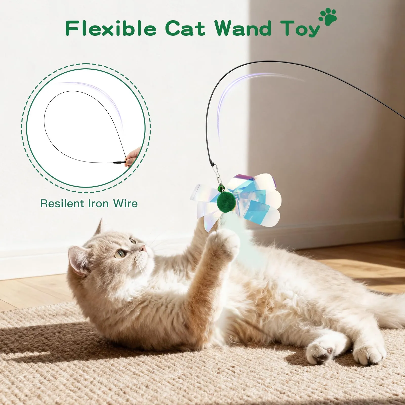 Pawaboo Bacchetta gioco con piume per gatti, 88 cm, Farfalla Verde, confezione da 2 - immagine 2