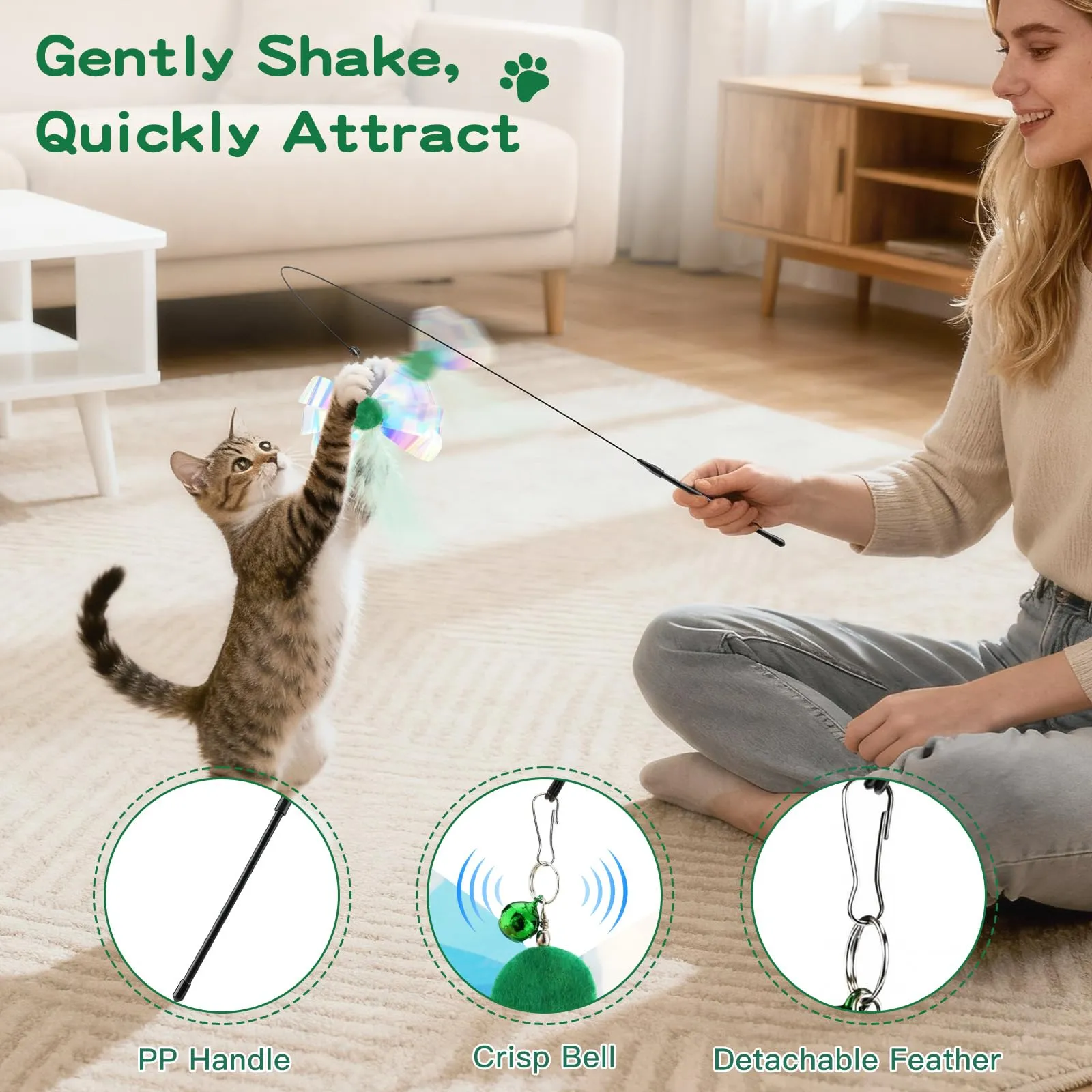 Pawaboo Bacchetta gioco con piume per gatti, 88 cm, Farfalla Verde, confezione da 2 - immagine 3