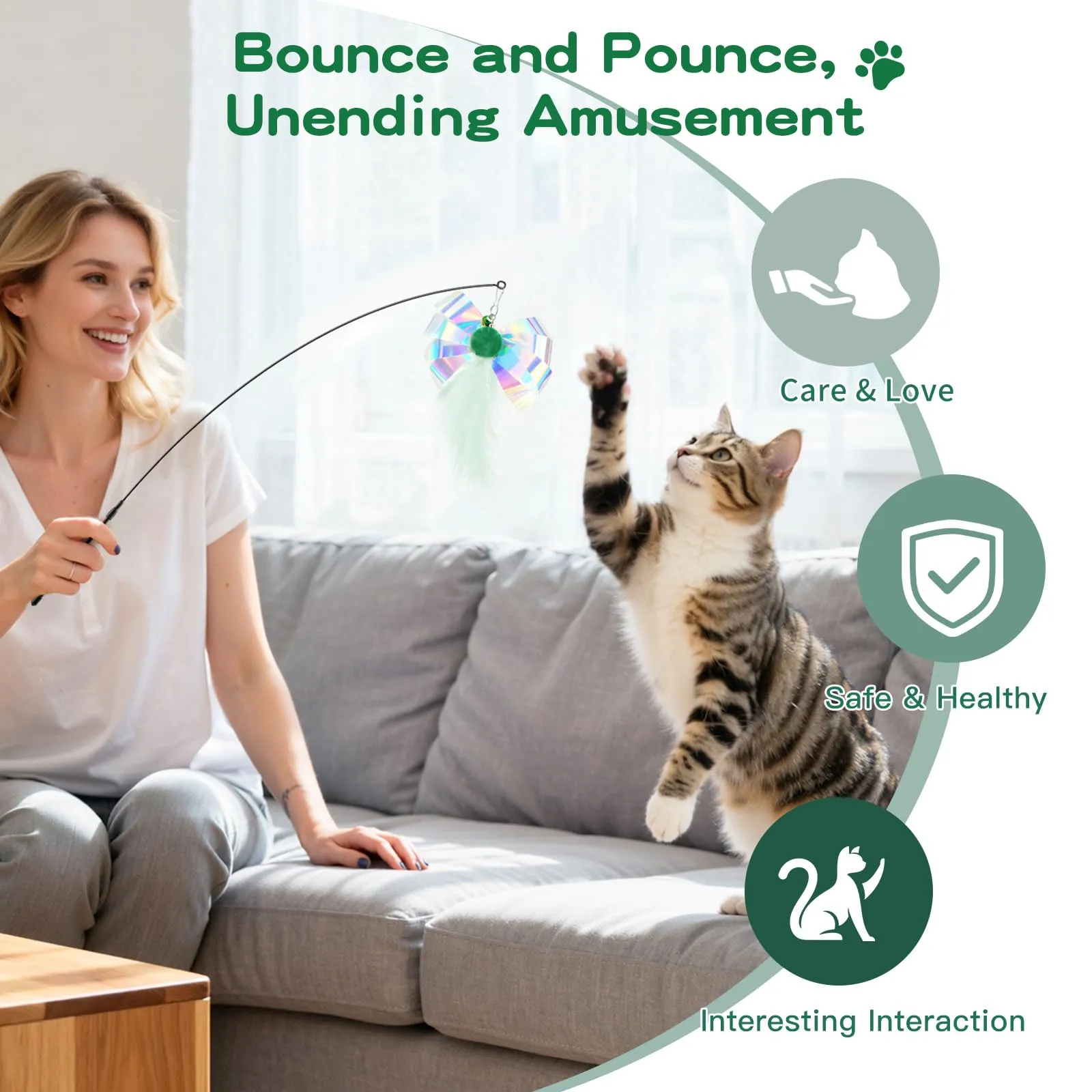 Pawaboo Bacchetta gioco con piume per gatti, 88 cm, Farfalla Verde, confezione da 2 - immagine 5