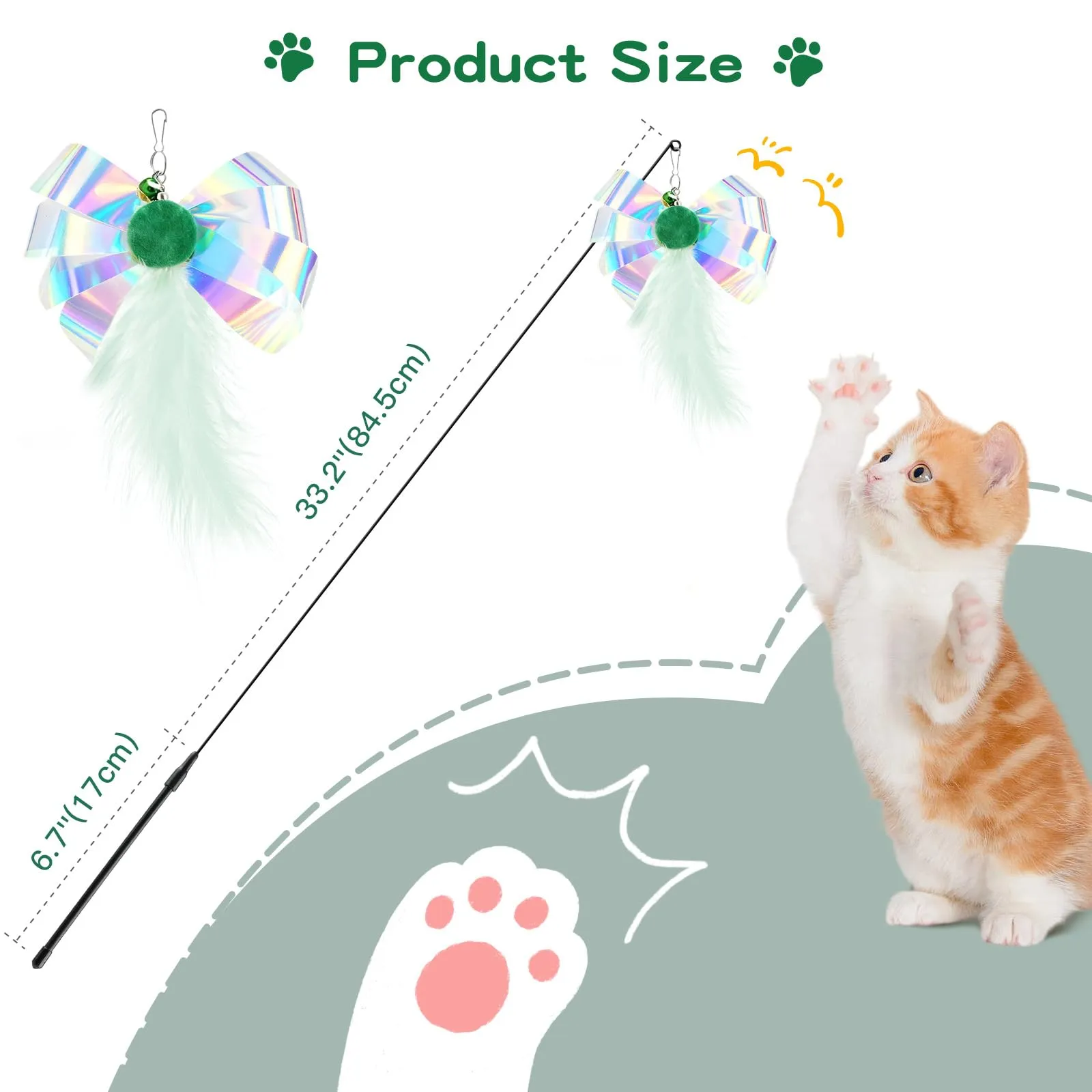 Pawaboo Bacchetta gioco con piume per gatti, 88 cm, Farfalla Verde, confezione da 2 - immagine 7