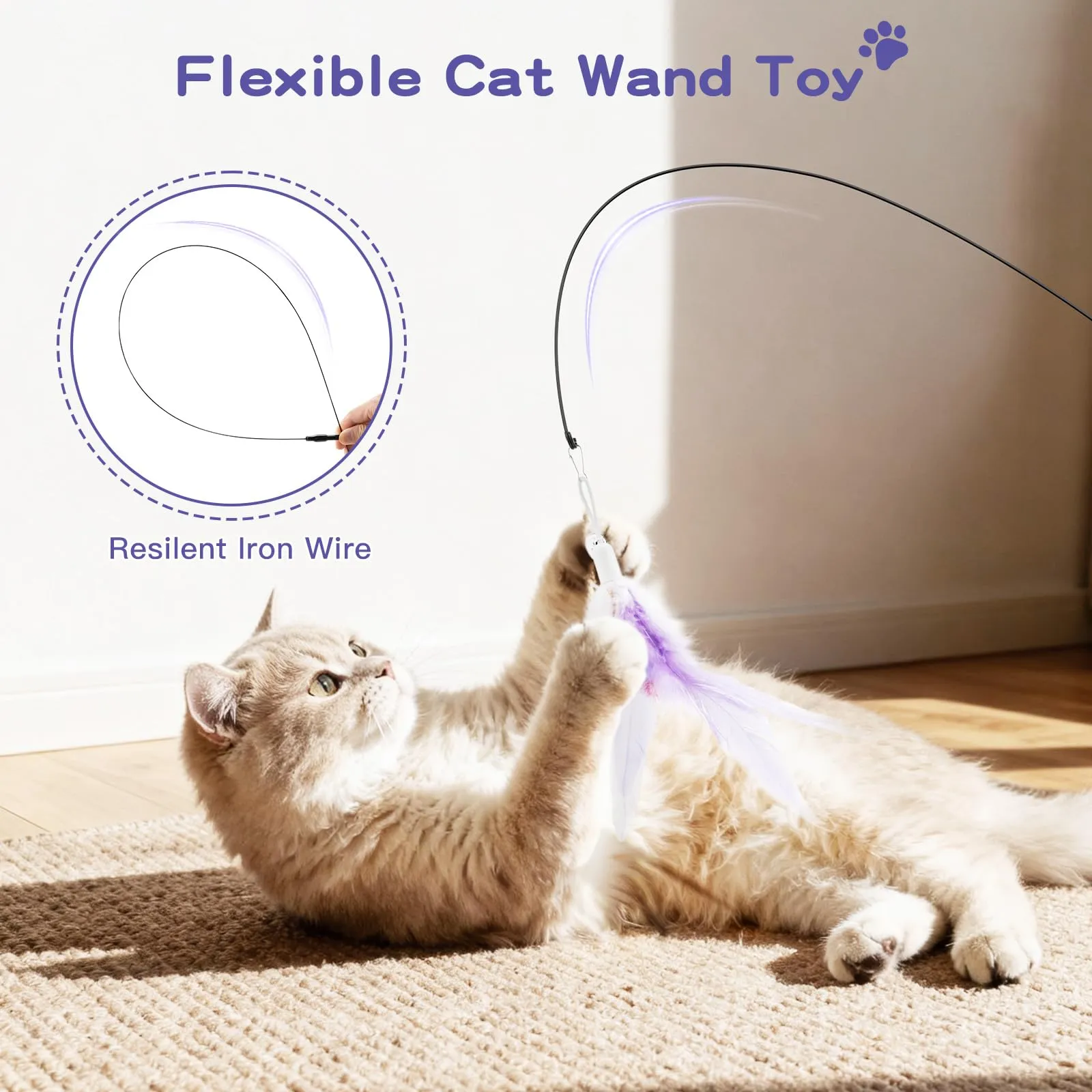 Pawaboo Bacchetta Gioco con Piume per Gatti, 88 cm, Viola, Confezione da 2 - immagine 2
