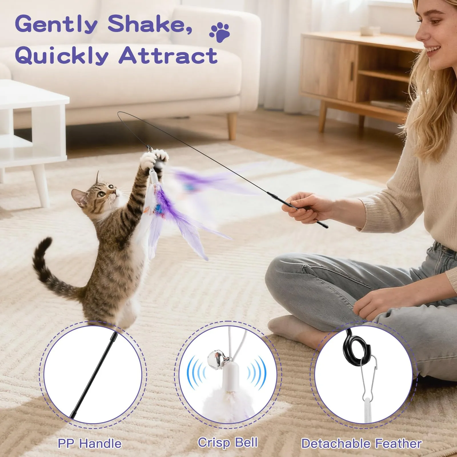 Pawaboo Bacchetta Gioco con Piume per Gatti, 88 cm, Viola, Confezione da 2 - immagine 3