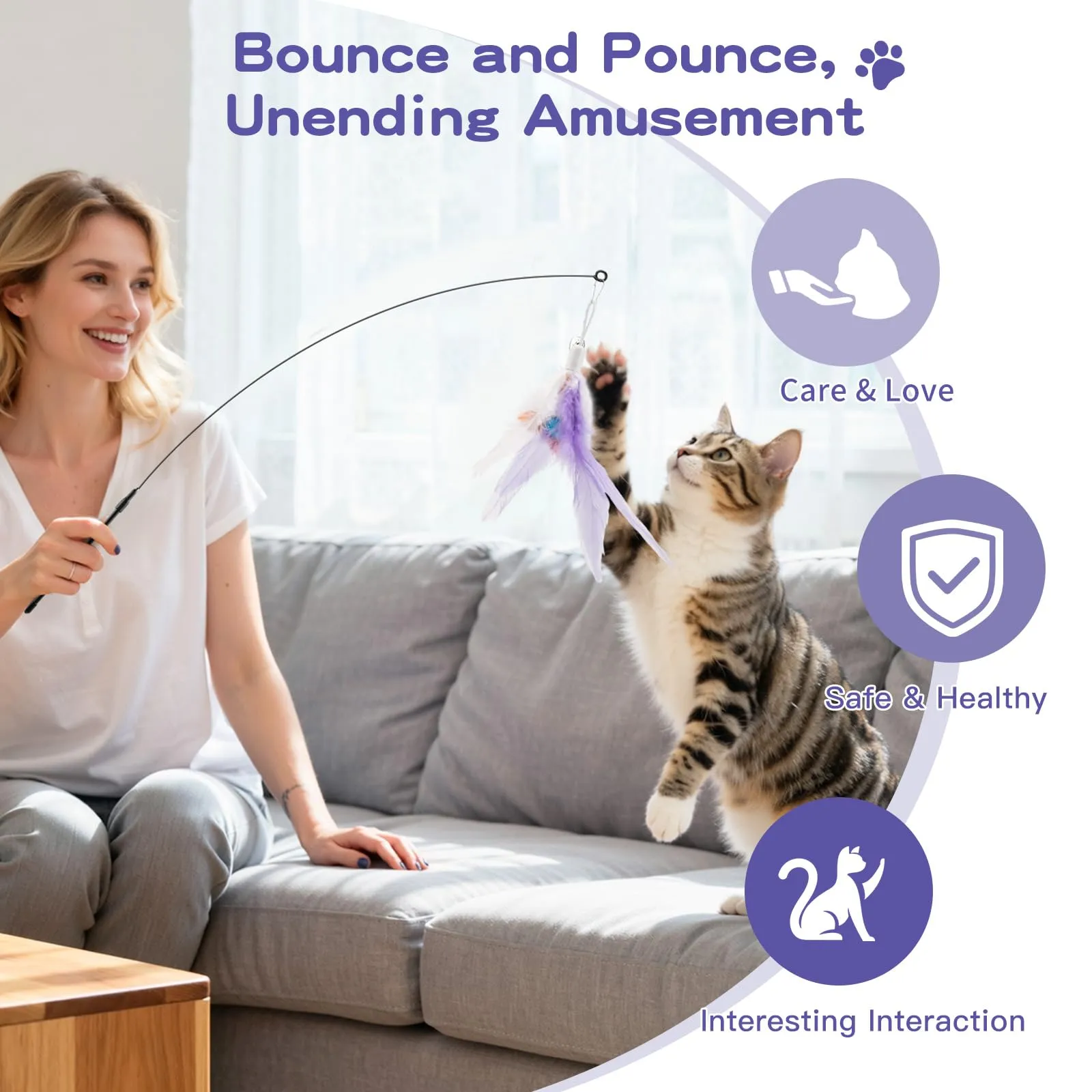 Pawaboo Bacchetta Gioco con Piume per Gatti, 88 cm, Viola, Confezione da 2 - immagine 5