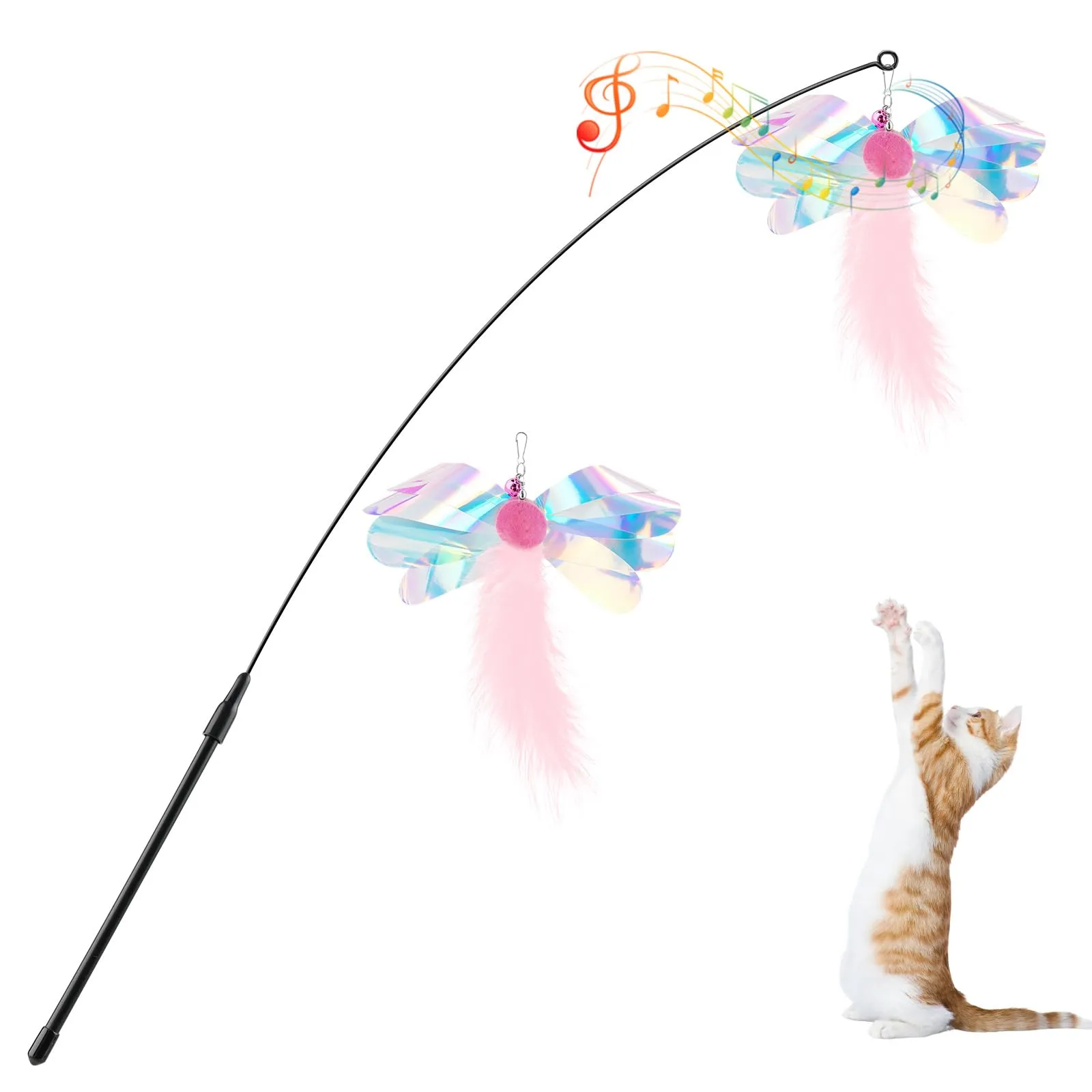 Pawaboo Bacchetta gioco con piume per gatti, confezione da 2, Farfalla Rosa, 88 cm - immagine 1