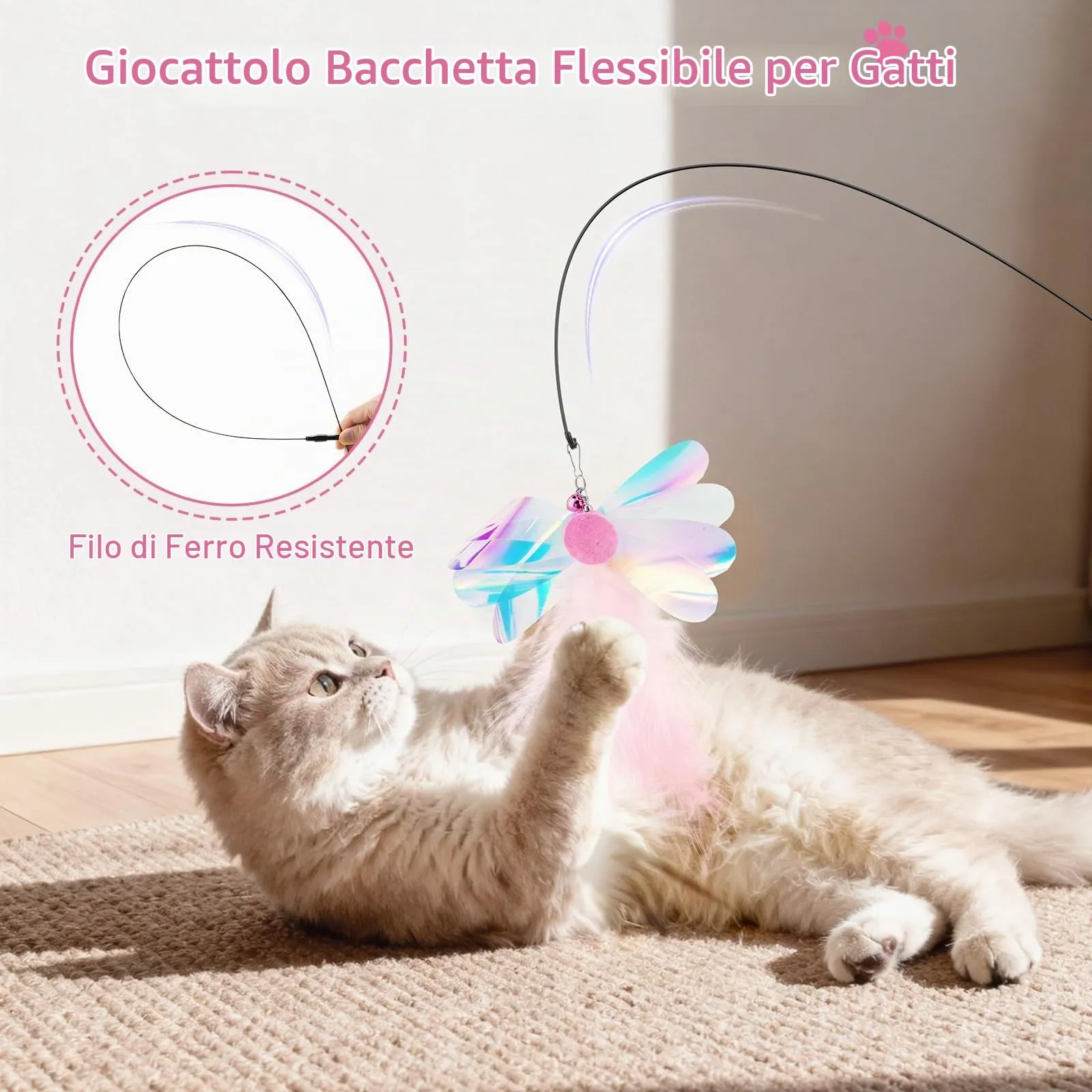 Pawaboo Bacchetta gioco con piume per gatti, confezione da 2, Farfalla Rosa, 88 cm - immagine 2