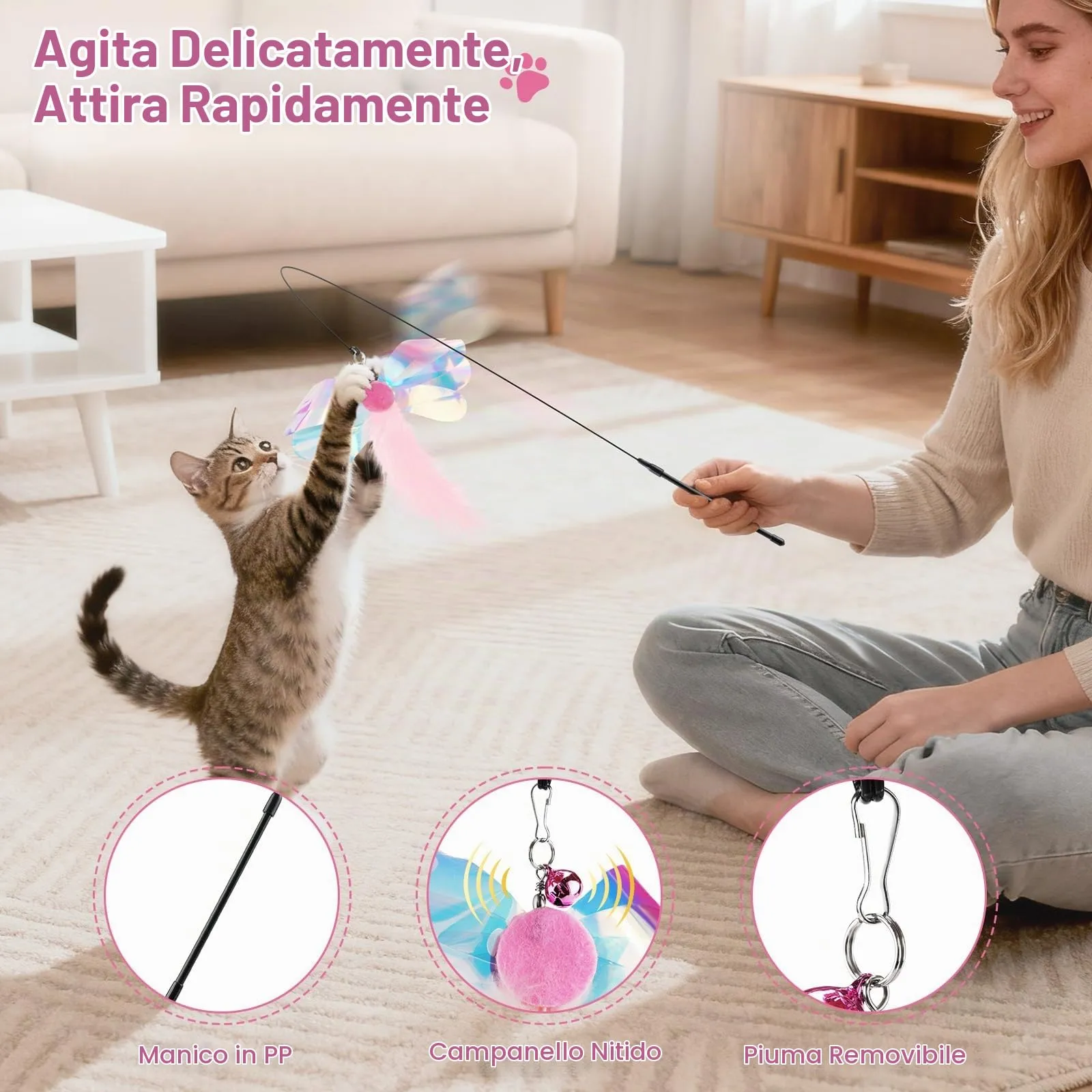 Pawaboo Bacchetta gioco con piume per gatti, confezione da 2, Farfalla Rosa, 88 cm - immagine 3