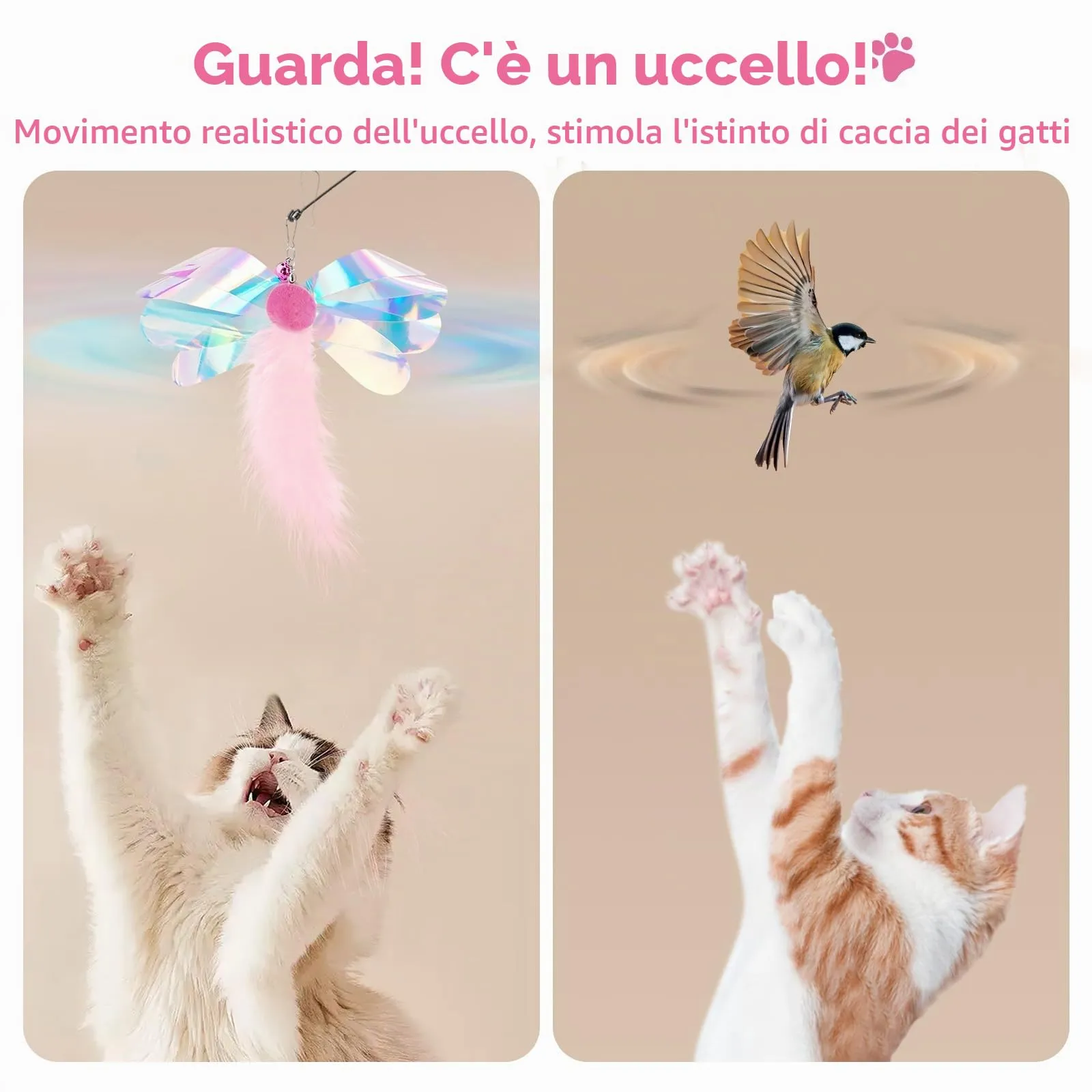 Pawaboo Bacchetta gioco con piume per gatti, confezione da 2, Farfalla Rosa, 88 cm - immagine 4