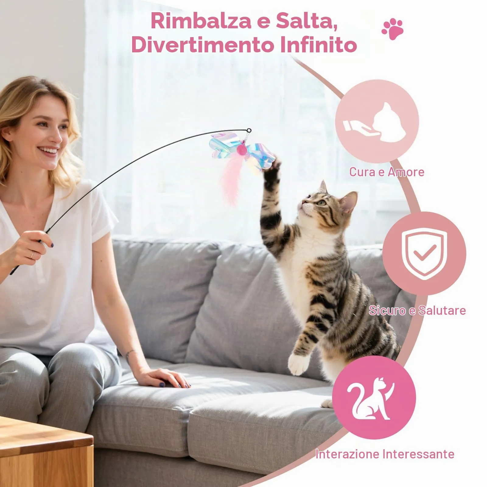 Pawaboo Bacchetta gioco con piume per gatti, confezione da 2, Farfalla Rosa, 88 cm - immagine 5