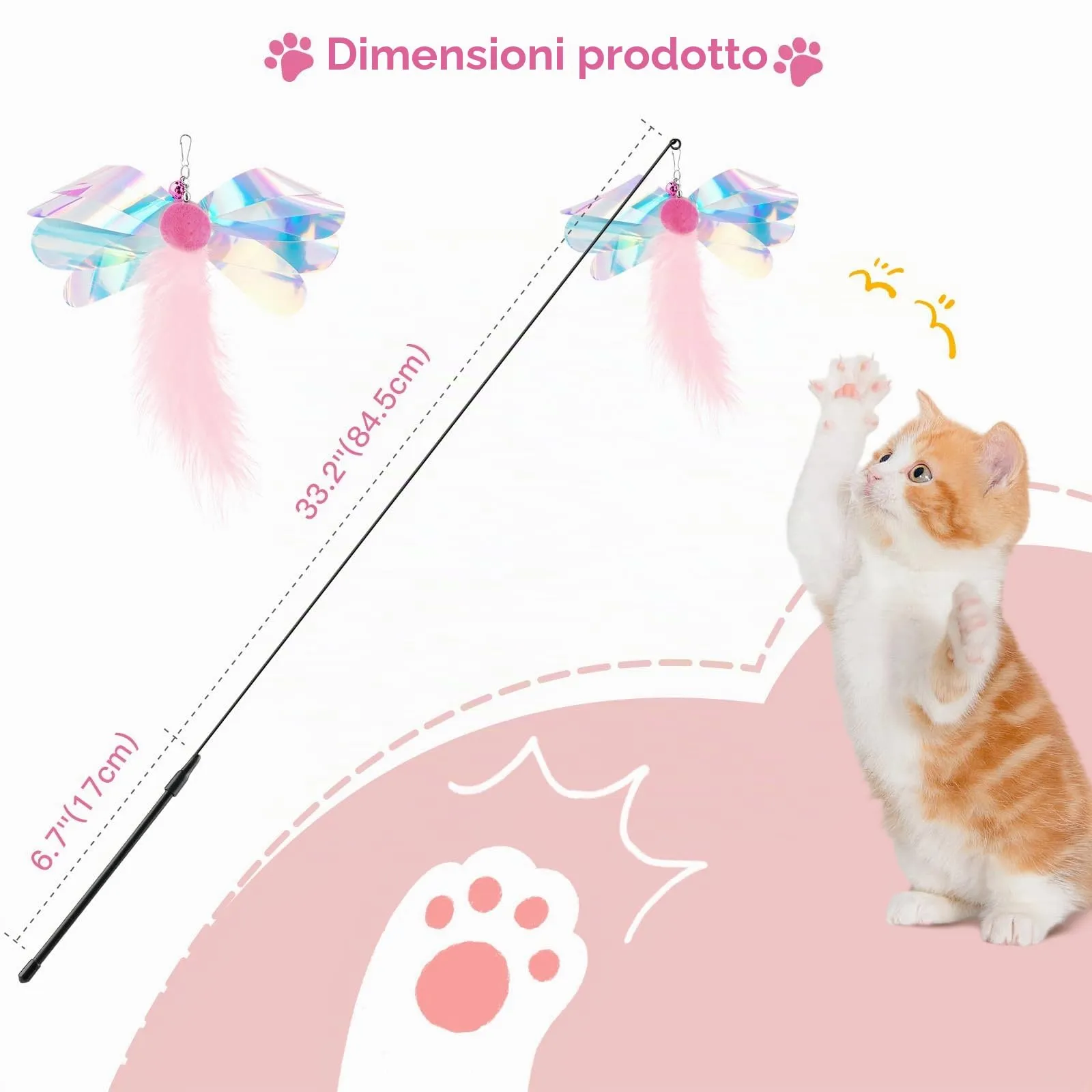 Pawaboo Bacchetta gioco con piume per gatti, confezione da 2, Farfalla Rosa, 88 cm - immagine 7