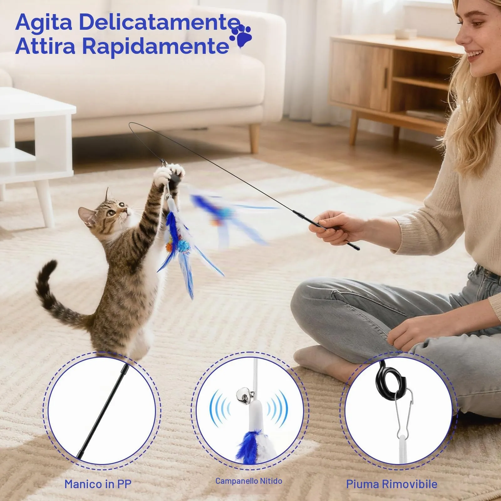 Pawaboo Bacchetta Gioco con Piume per Gatti, 88 cm, Blu, Confezione da 2 - immagine 3