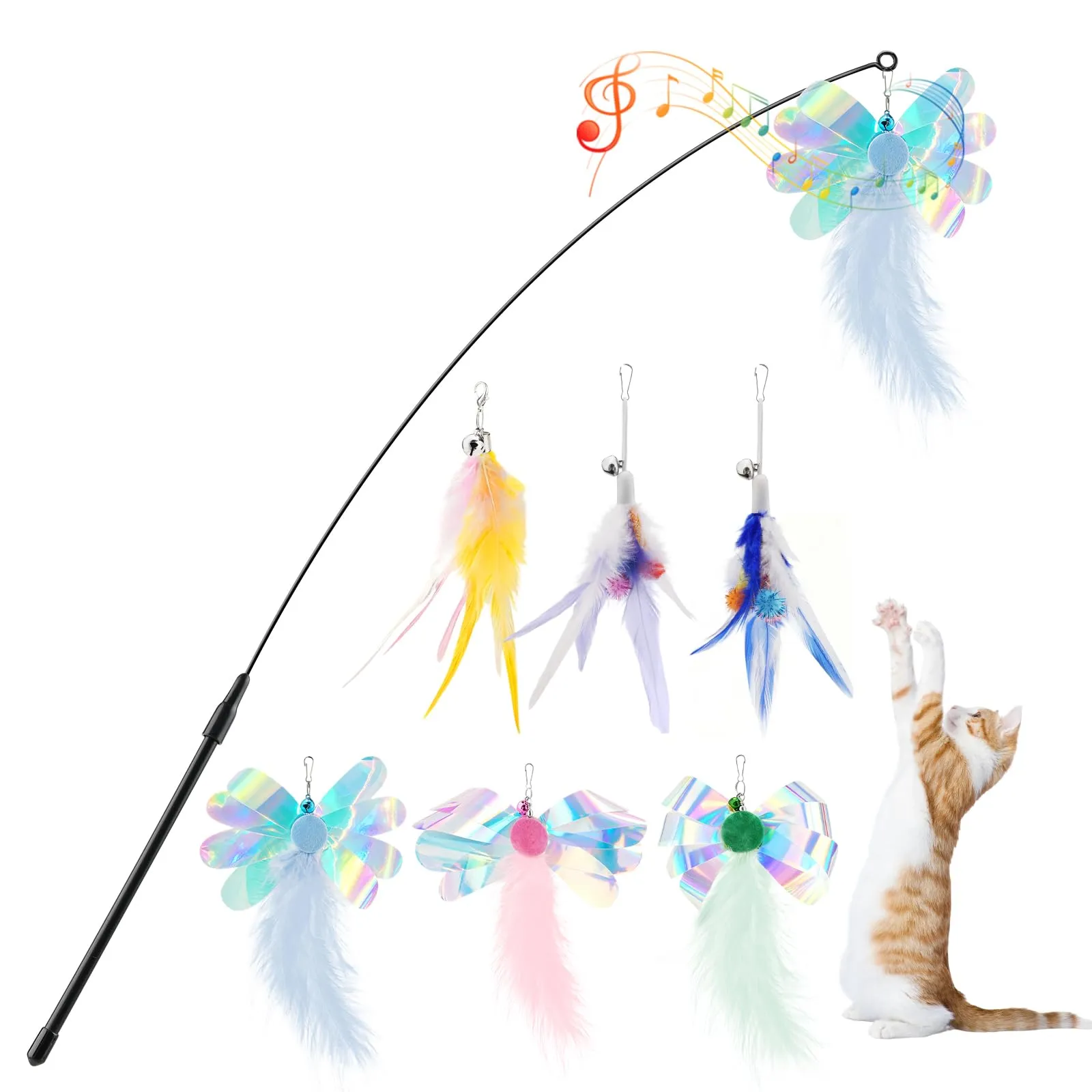 Pawaboo Giocattolo a bacchetta con piume per gatti, 6 piume + 1 bacchetta, 88 cm, Multicolore - immagine 1