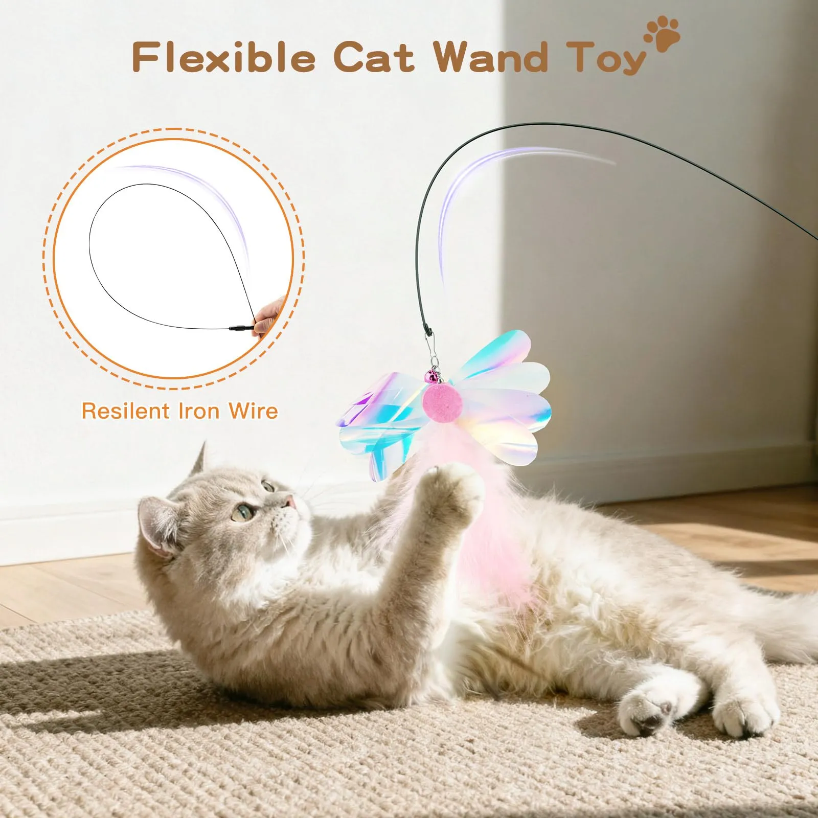 Pawaboo Giocattolo a bacchetta con piume per gatti, 6 piume + 1 bacchetta, 88 cm, Multicolore - immagine 2