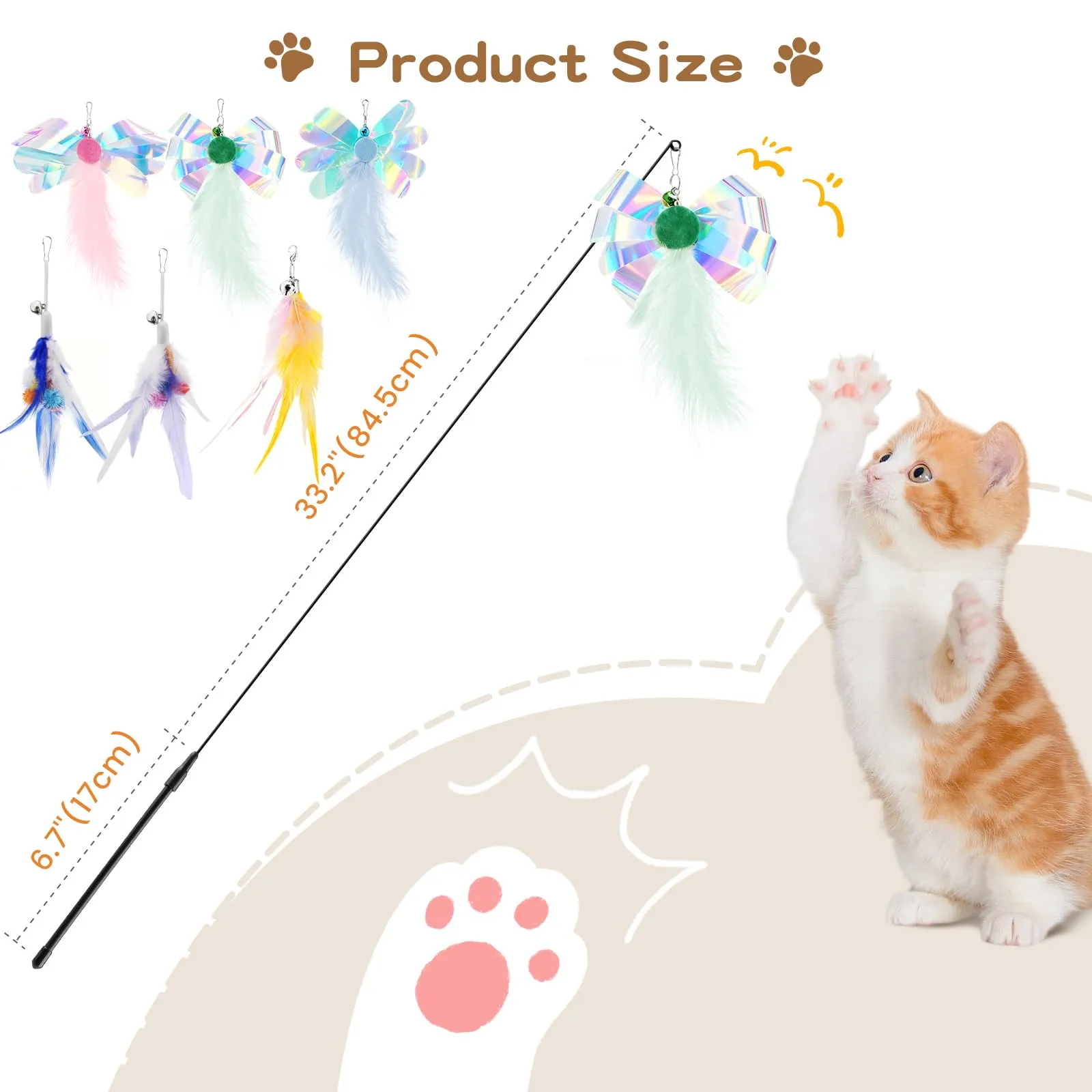 Pawaboo Giocattolo a bacchetta con piume per gatti, 6 piume + 1 bacchetta, 88 cm, Multicolore - immagine 7