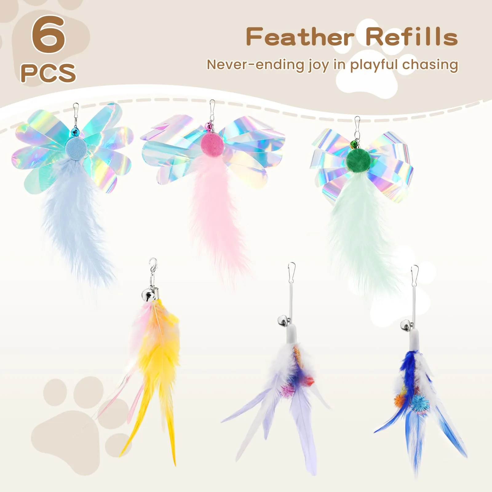 Pawaboo Giocattolo a bacchetta con piume per gatti, 6 piume + 1 bacchetta, 88 cm, Multicolore - immagine 8